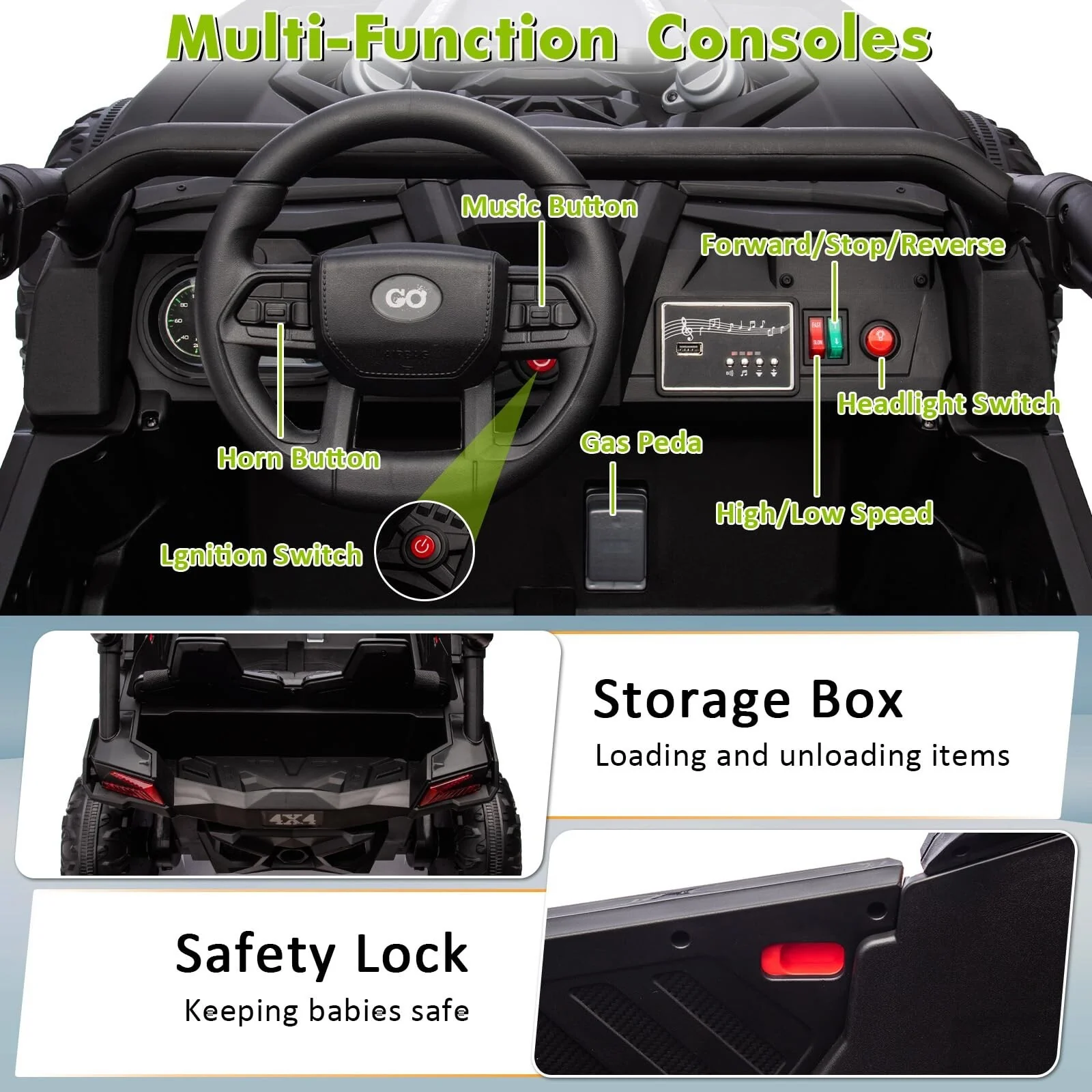 24V 4WD Ride-On UTV Car with Remote Control 2-Seater Kids Powered Off-Road Toy - Image 3
