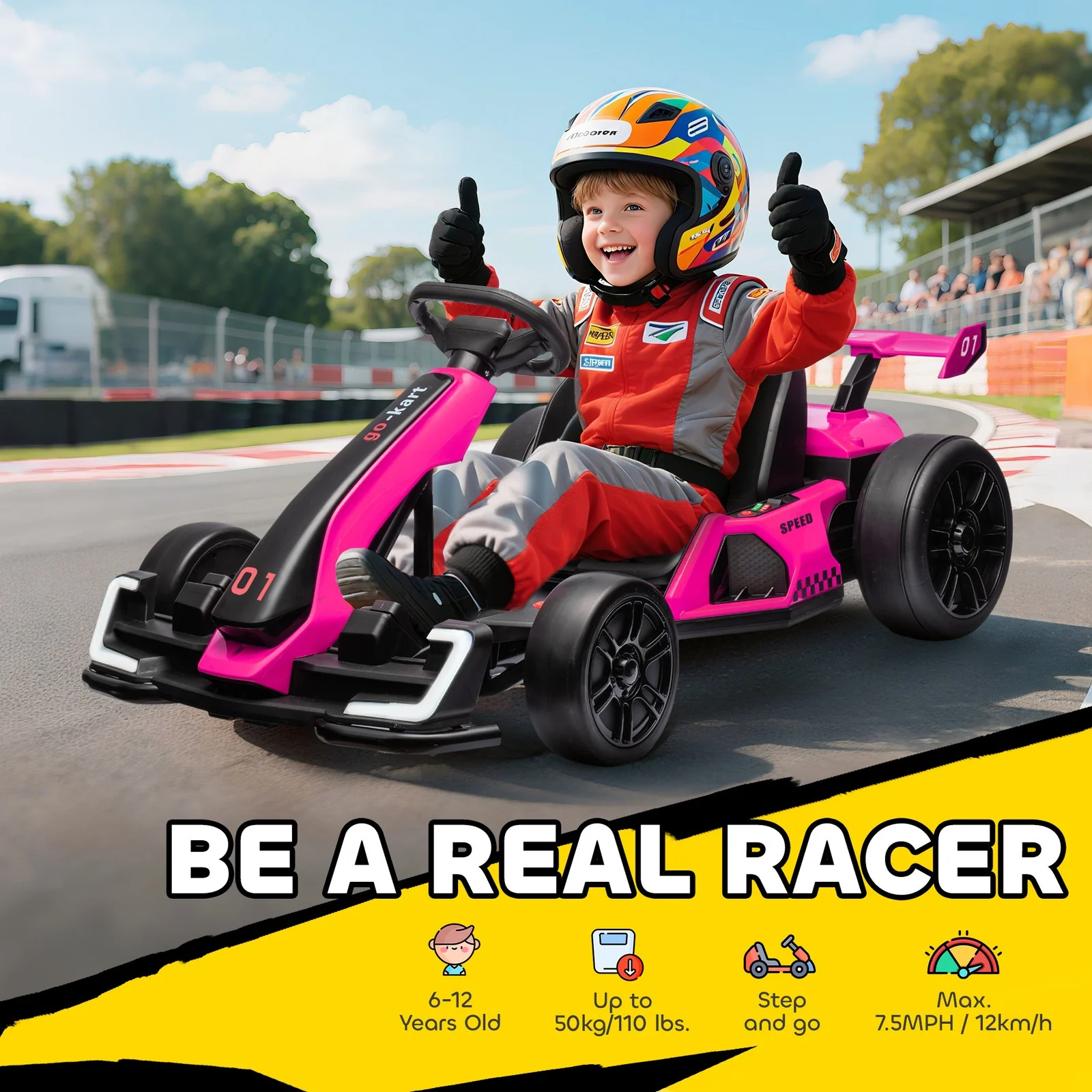 24V Electric Go-Kart with Adjustable Seat and 7.5 MPH Speed, Slow Start, Pink - Image 5