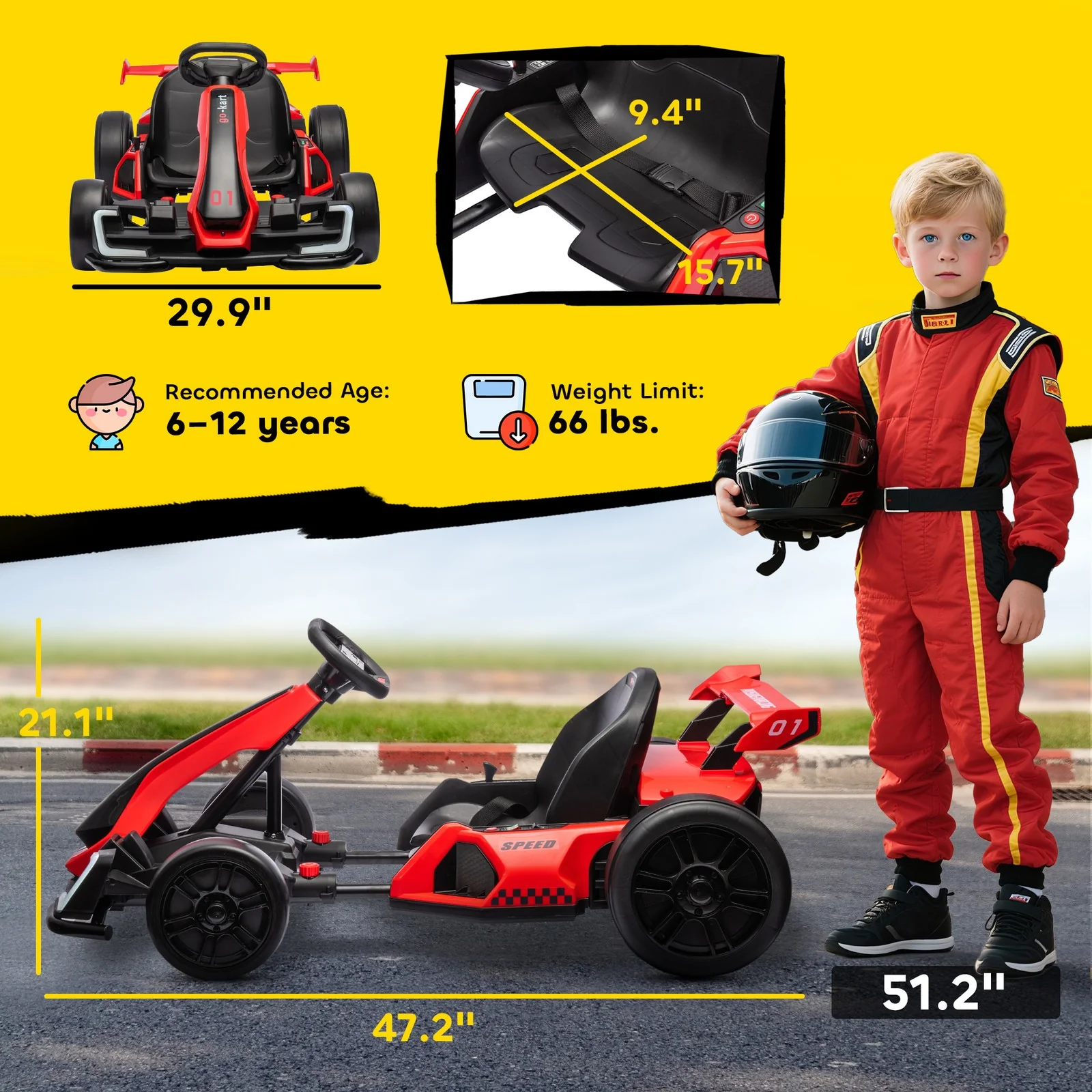 24V Electric Go-Kart with Adjustable Seat and Slow Start, 7.5 MPH, Red - Image 3