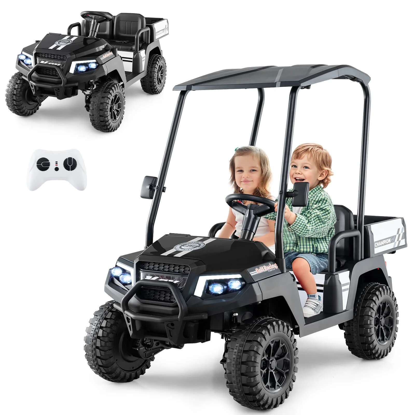 24V 7AH Kids 2-Seater 4WD Ride-On Golf Cart with Storage and Remote Control Black