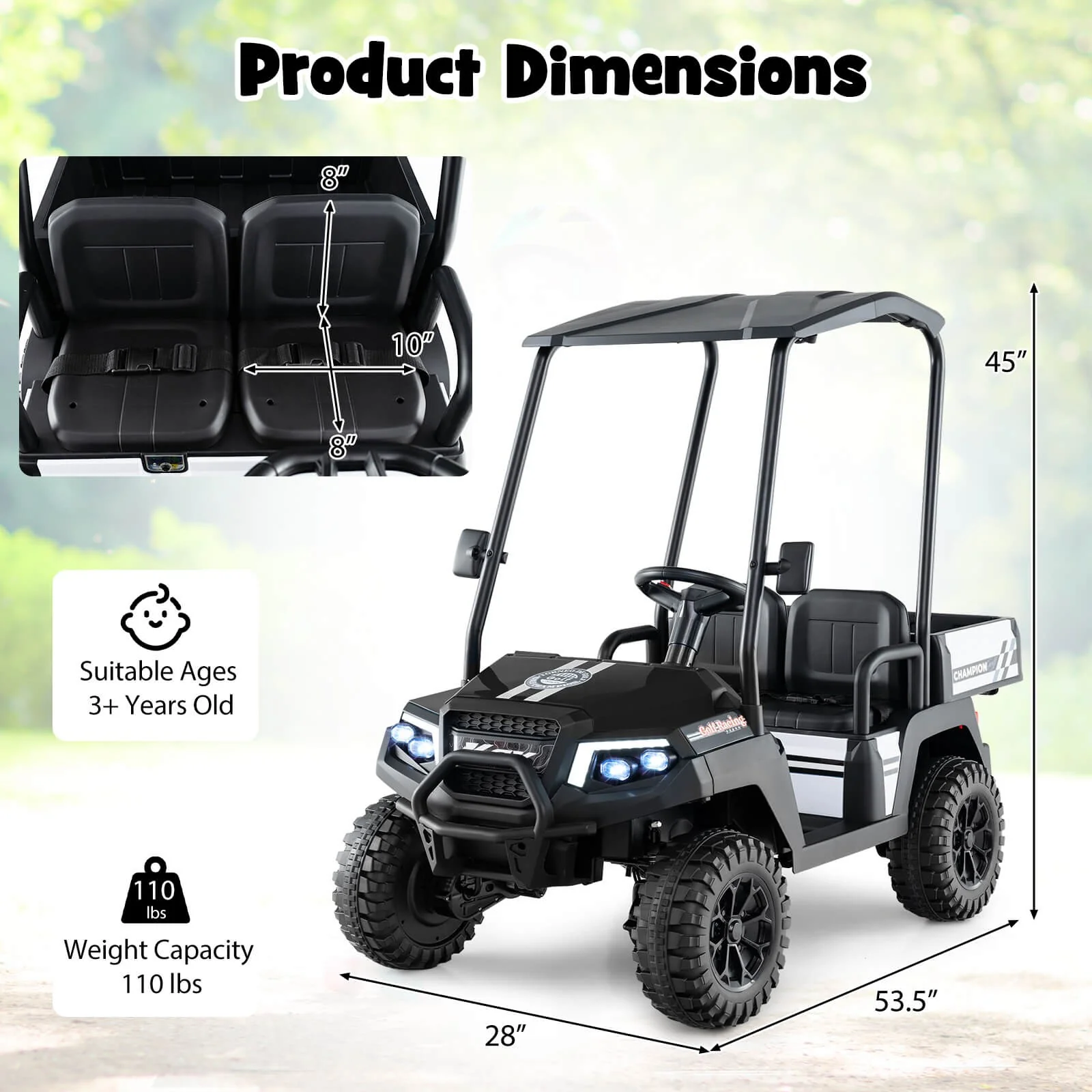 24V 7AH Kids 2-Seater 4WD Ride-On Golf Cart with Storage and Remote Control Black - Image 2