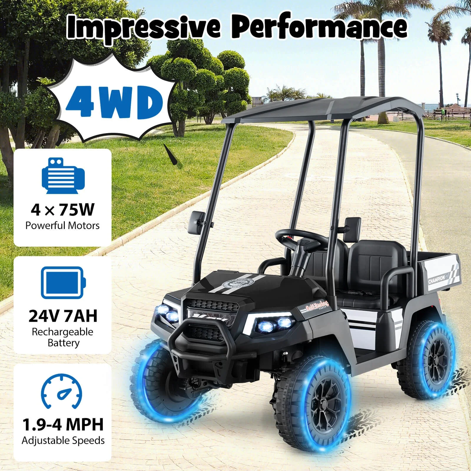 24V 7AH Kids 2-Seater 4WD Ride-On Golf Cart with Storage and Remote Control Black - Image 7