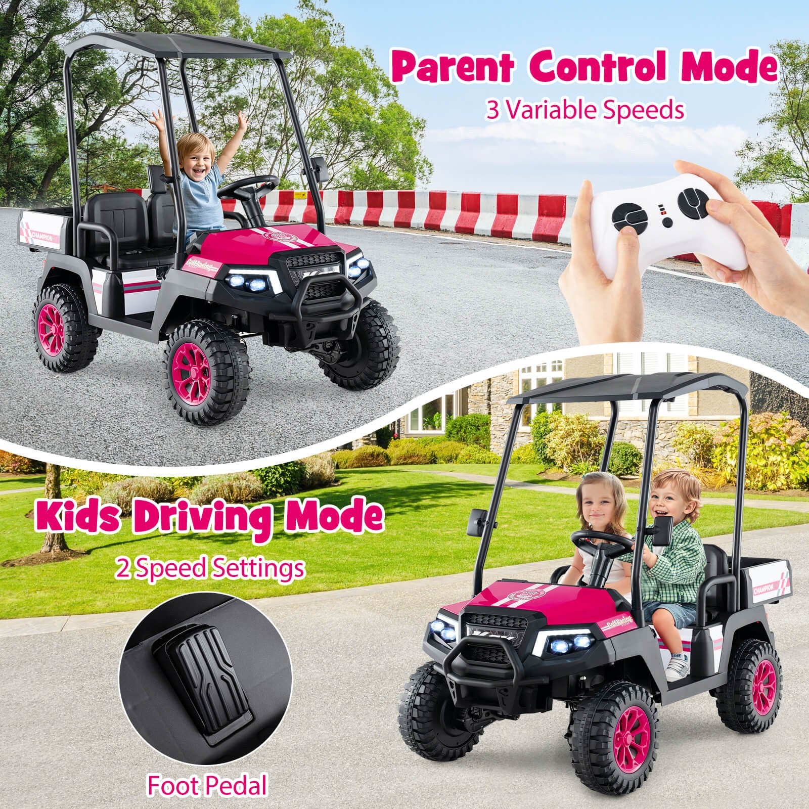 24V 7AH Kids 2-Seater 4WD Ride-On Golf Cart with Storage and Remote Control Pink - Image 4