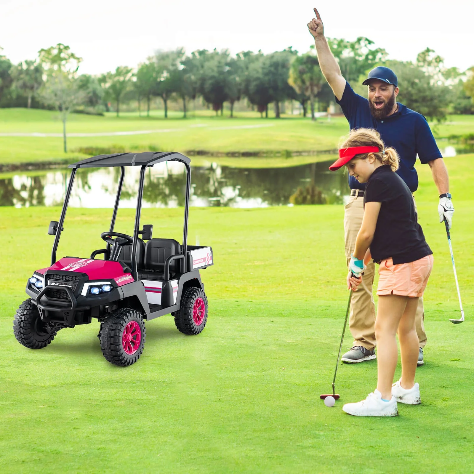24V 7AH Kids 2-Seater 4WD Ride-On Golf Cart with Storage and Remote Control Pink - Image 3