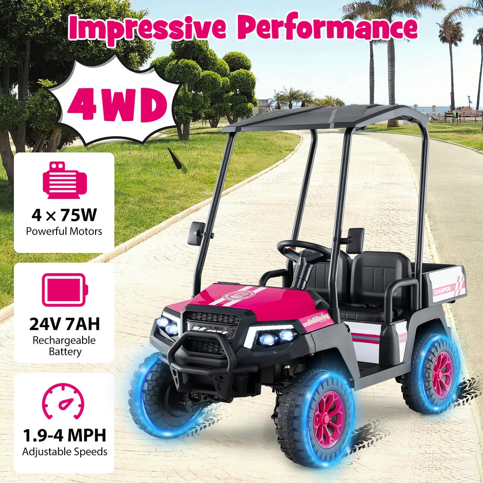 24V 7AH Kids 2-Seater 4WD Ride-On Golf Cart with Storage and Remote Control Pink - Image 7