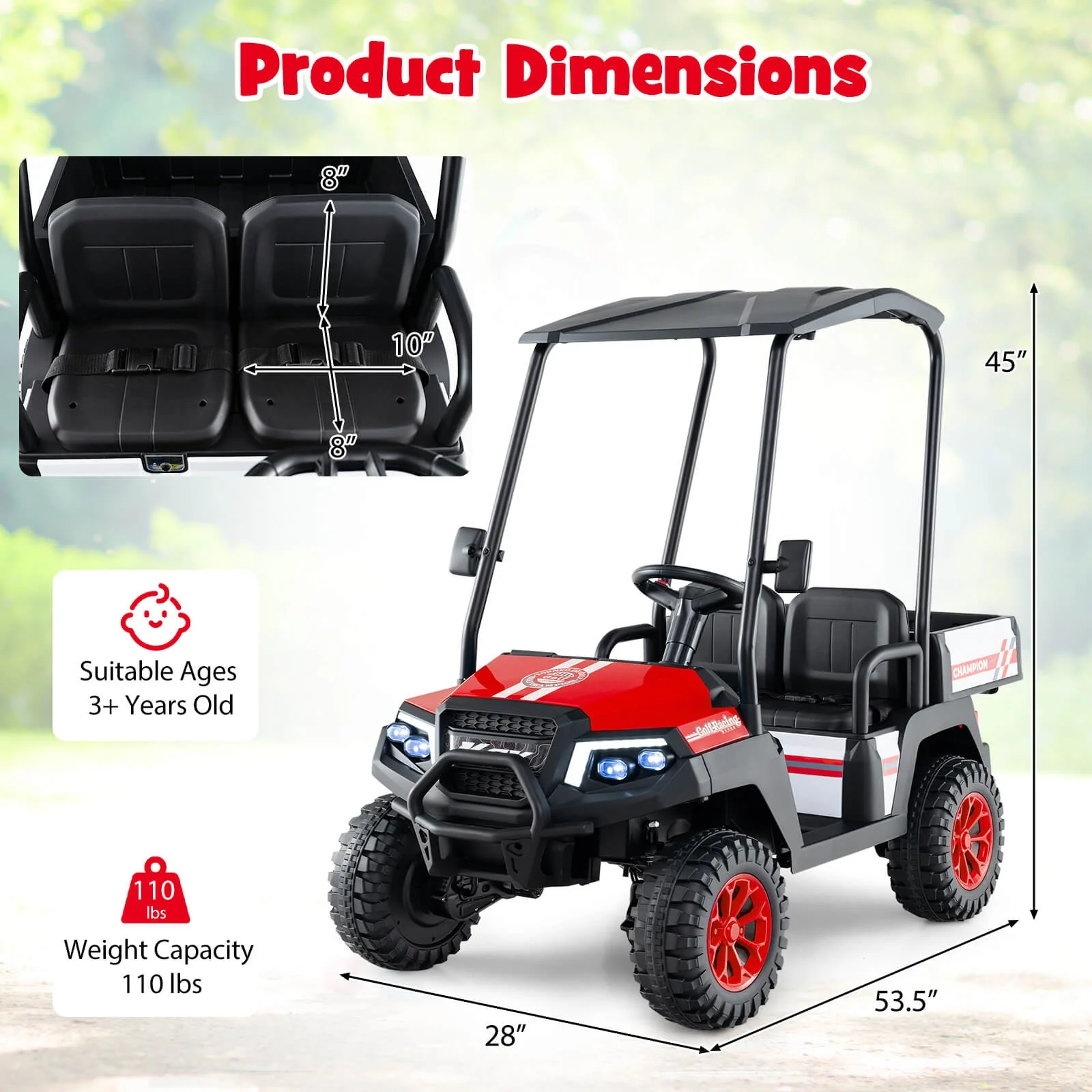 24V 7AH Kids 2-Seater 4WD Ride-On Golf Cart with Storage and Remote Control - Red - Image 2
