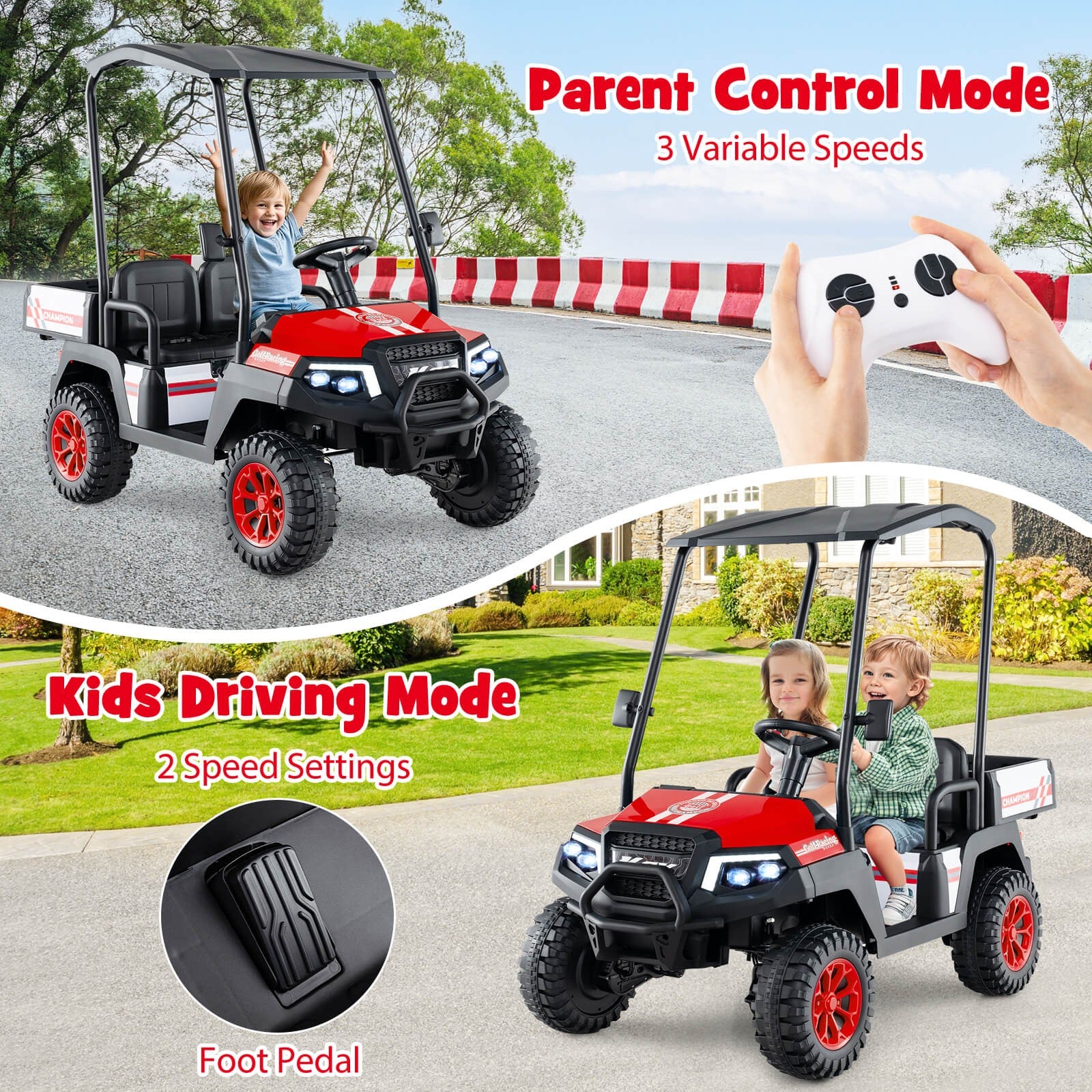 24V 7AH Kids 2-Seater 4WD Ride-On Golf Cart with Storage and Remote Control - Red - Image 4