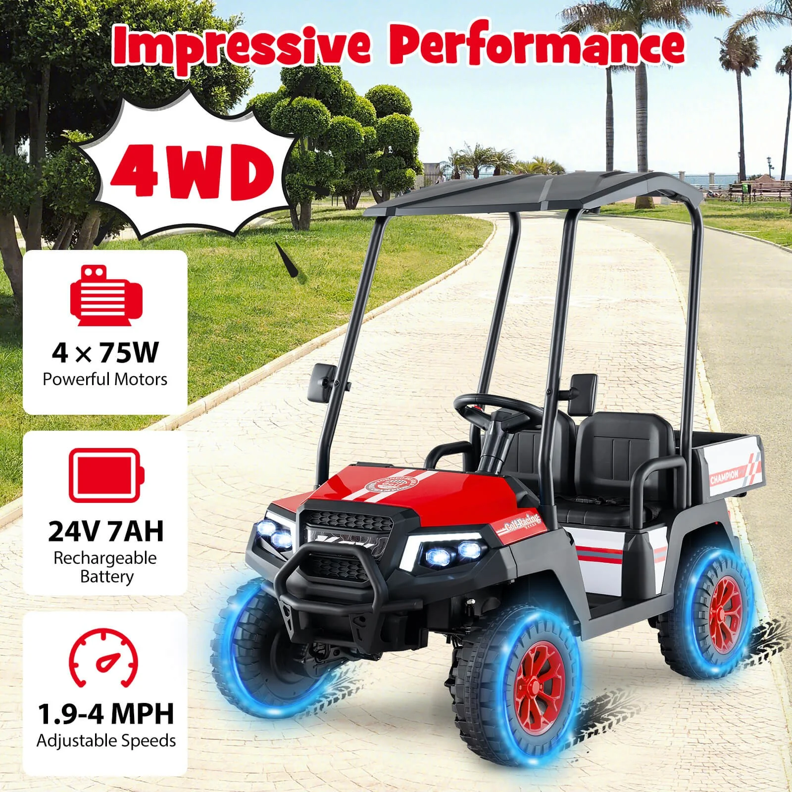 24V 7AH Kids 2-Seater 4WD Ride-On Golf Cart with Storage and Remote Control - Red - Image 6