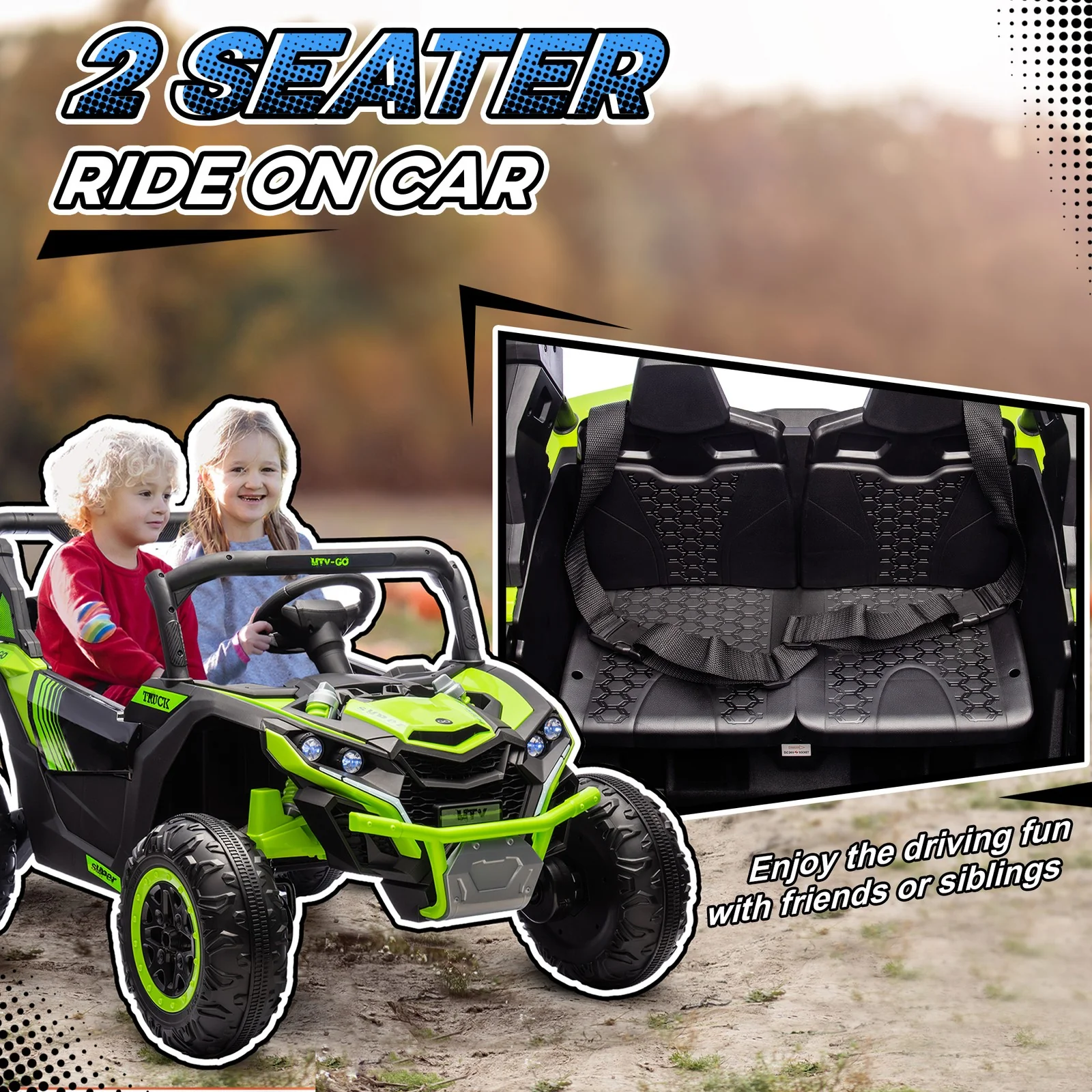 24V 7AH Electric 2-Seater Ride-On UTV Car with Music, 4 MPH, Green - Image 5