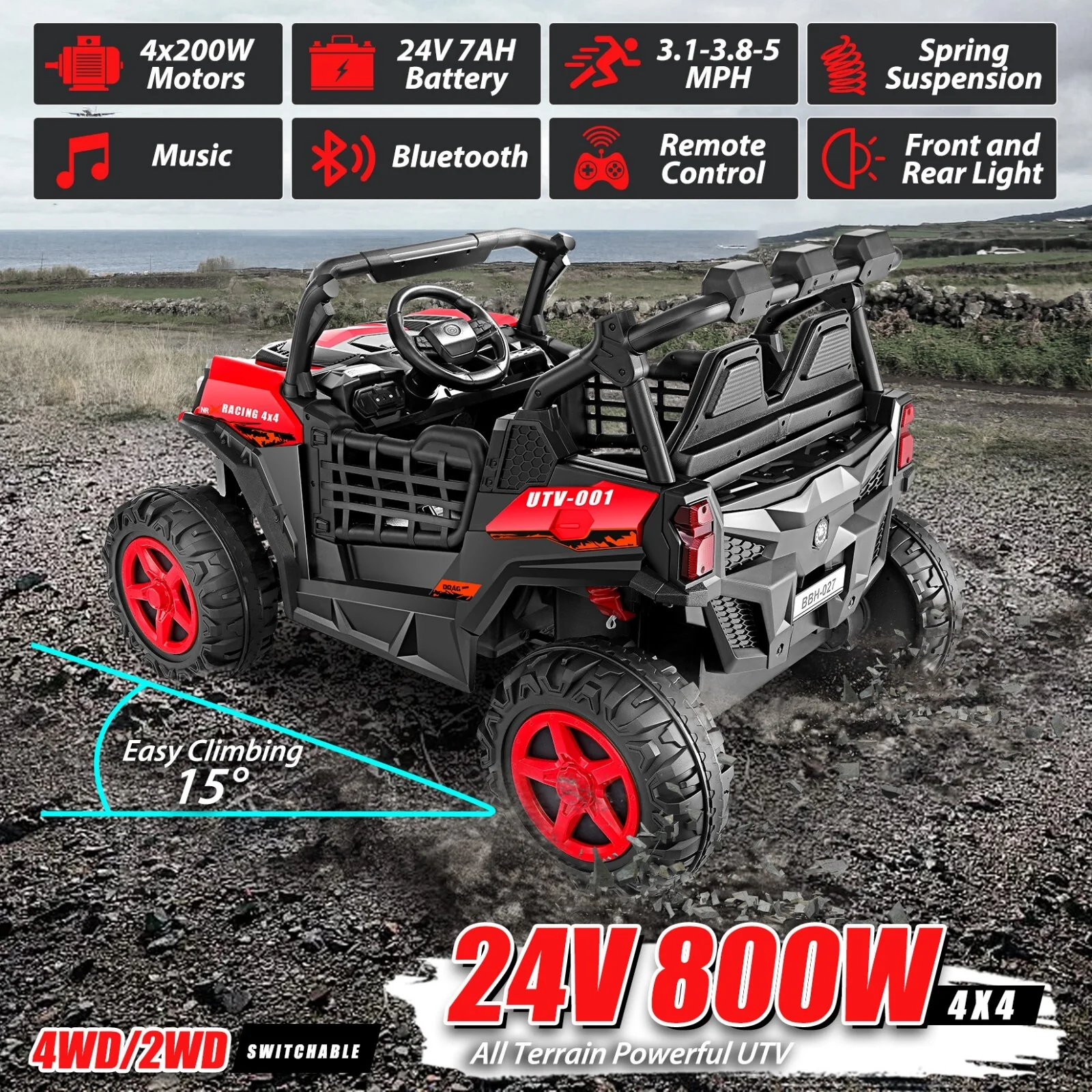 24V 7AH Electric 4WD Ride-On UTV Car for Kids with 2 Seats and 4x200W Motors - Image 2