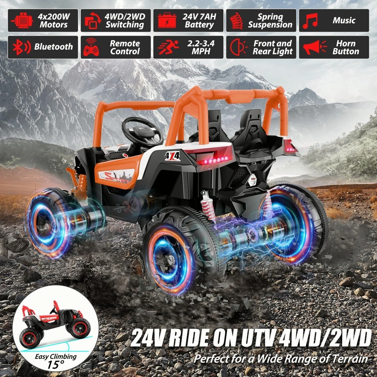 24V 7AH Kids Electric 2-Seater Ride-On UTV with 2x200W Motors and Remote Control - Image 2