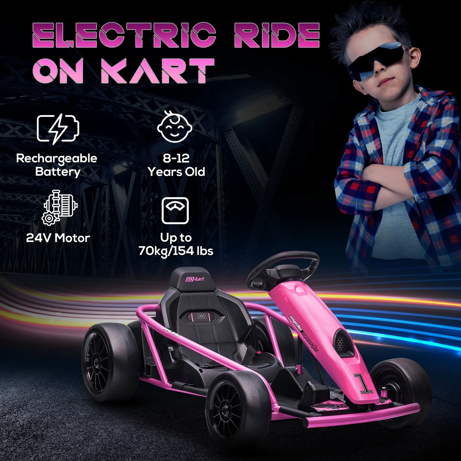24V Electric Go-Kart with 8.1 MPH Speed, Music, Horn, Honking, Slow Start - Pink - Image 5