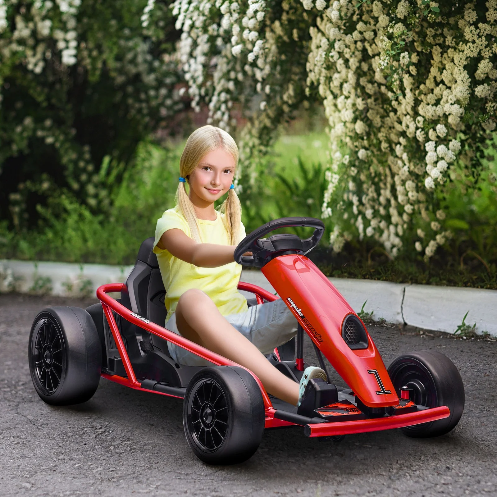 24V Electric Go-Kart in Red with 8.1 MPH Speed, Music, Horn, and Slow Start Features - Image 12