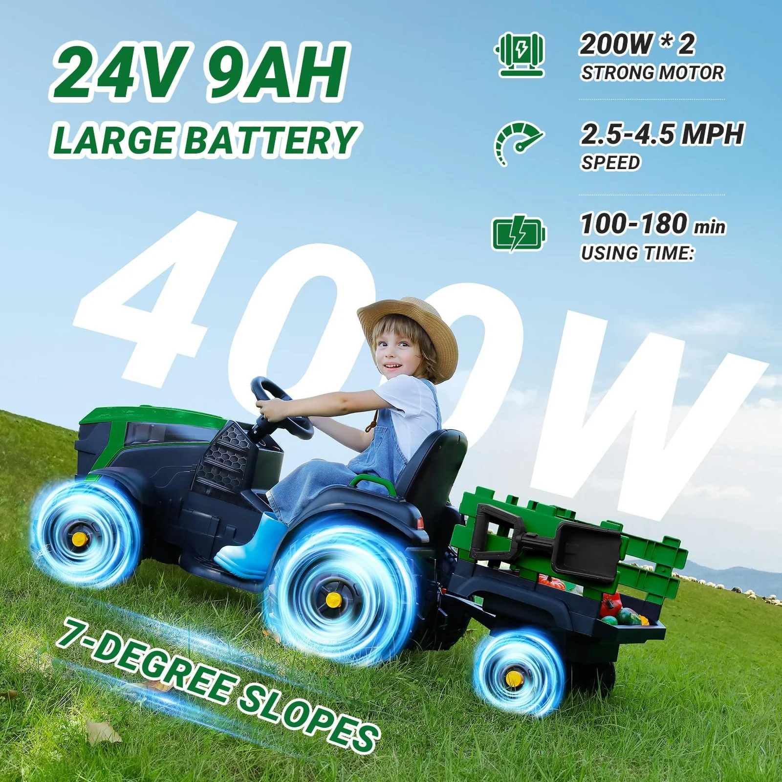 24V 9AH Electric Ride-On Tractor with Detachable Trailer and 400W Motors - Image 2