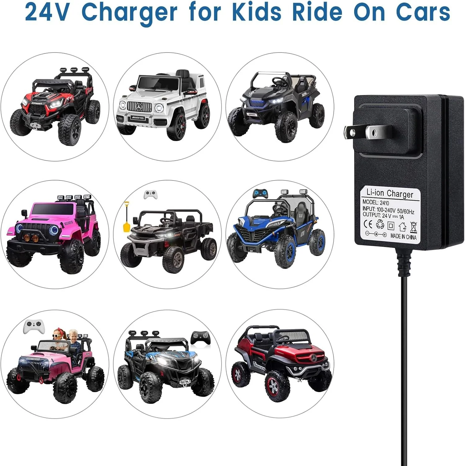 24V Battery Charger and Power Adapter for Kids Ride-On Cars - Black - Image 2