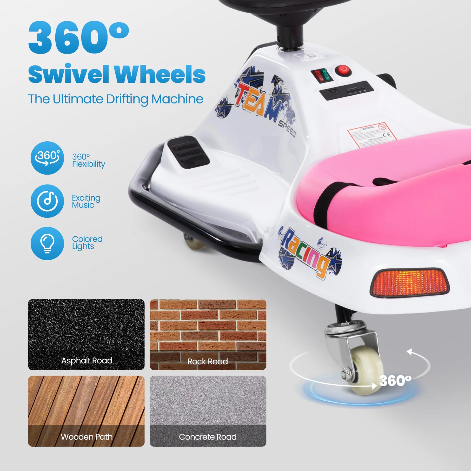 24V Battery Powered Kids Ride-On Drifting Car with 360-Degree Rotation for Boys and Girls in Pink and Red - Image 3