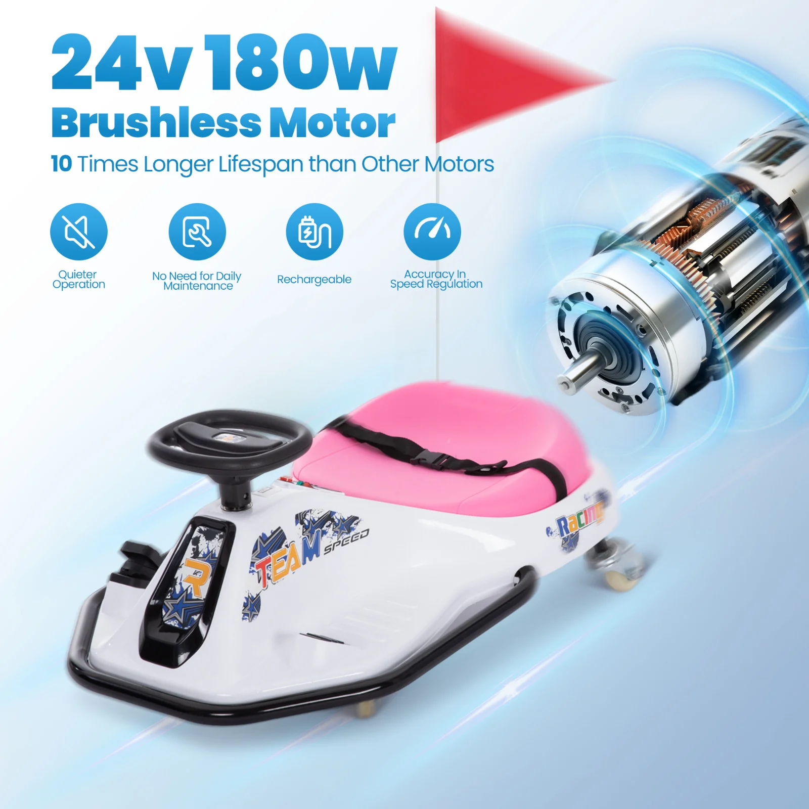 24V Battery Powered Kids Ride-On Drifting Car with 360-Degree Rotation for Boys and Girls in Pink and Red - Image 9