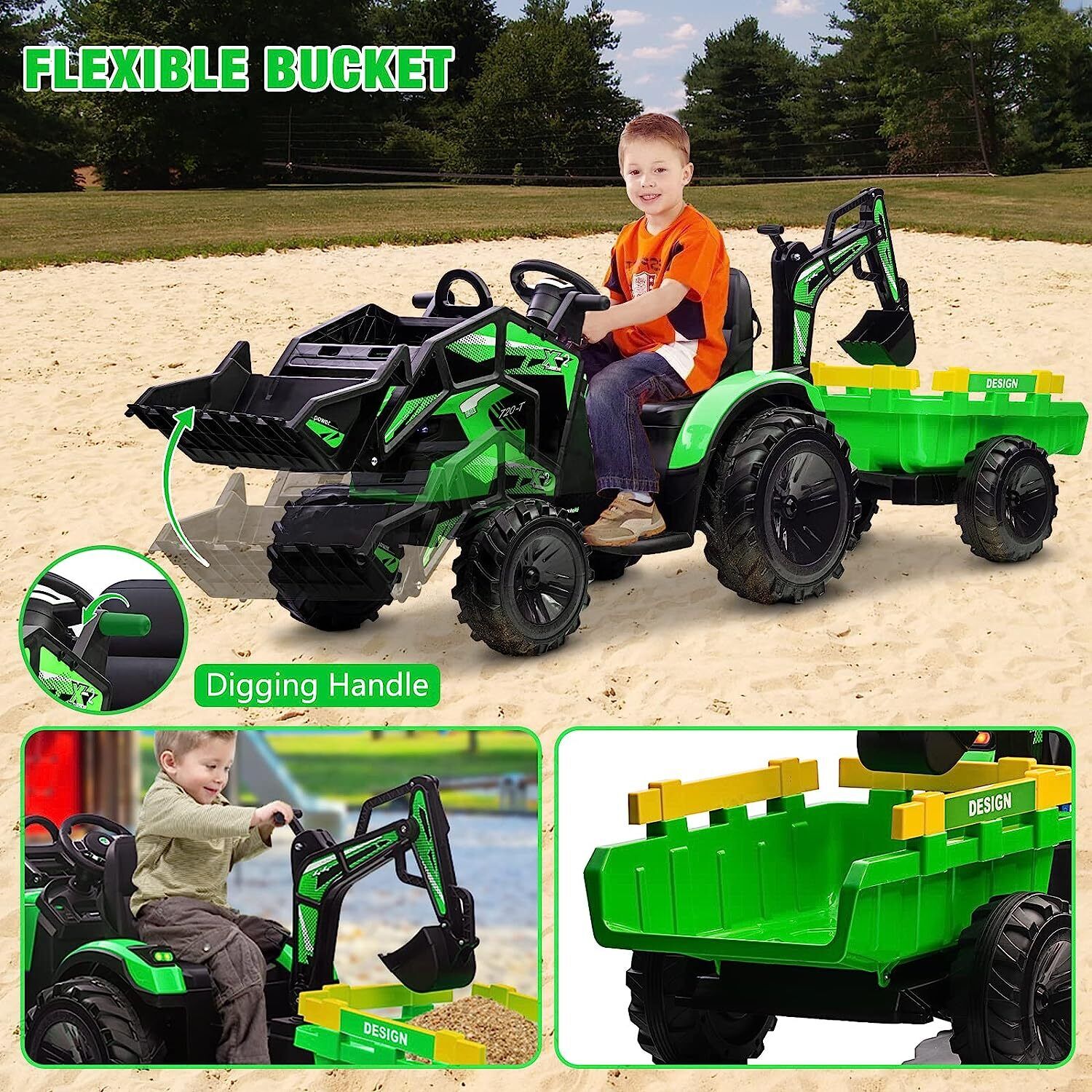24V Battery-Powered Tractor with Trailer Loader & Digger Remote-Control Ride-on Vehicle - Image 7