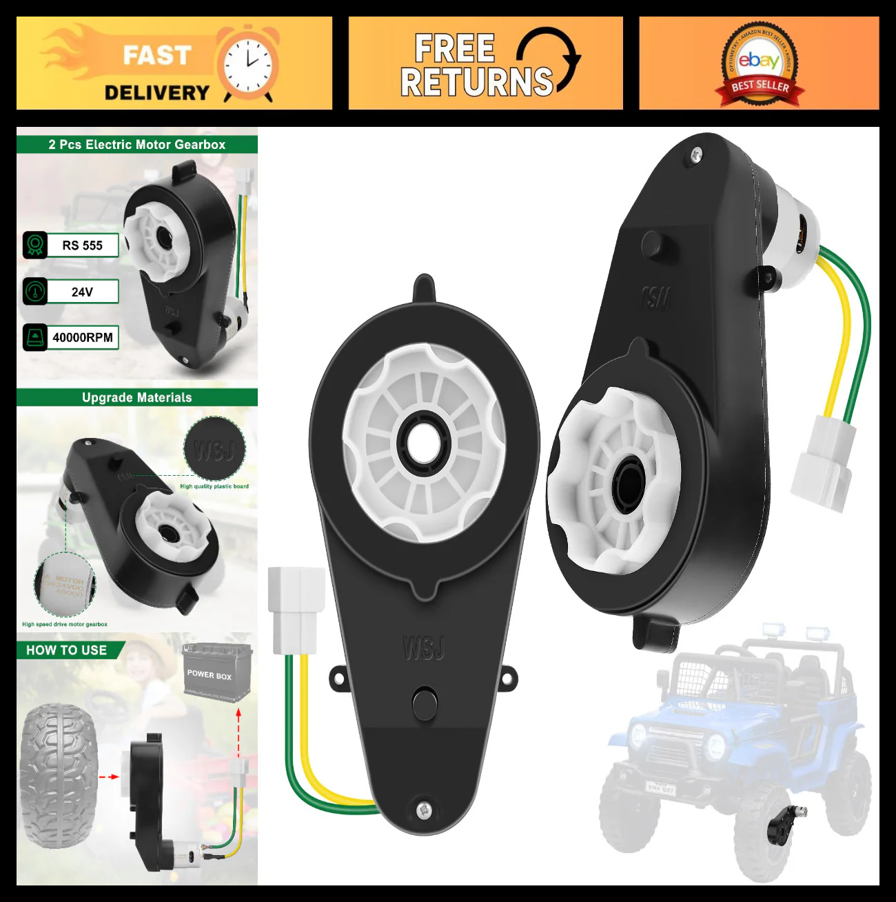24V High-Speed Motor Gearbox for Kids Ride-On Vehicle, 40000RPM Performance Upgrade