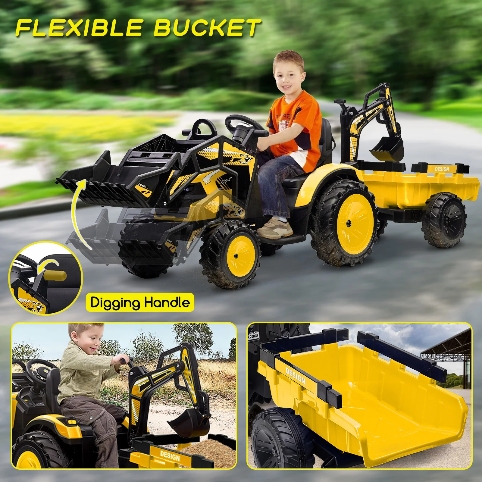 24V Electric Ride-On Tractor with Trailer, Loader, Digger and Remote Control Toy