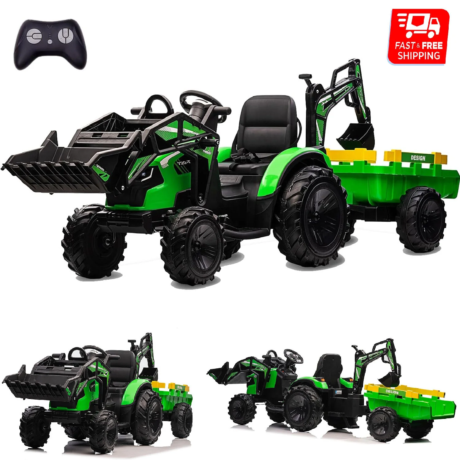 24V Electric Ride-On Tractor Vehicle with Trailer for Kids Featuring Excavator and Bulldozer Toys - Image 5