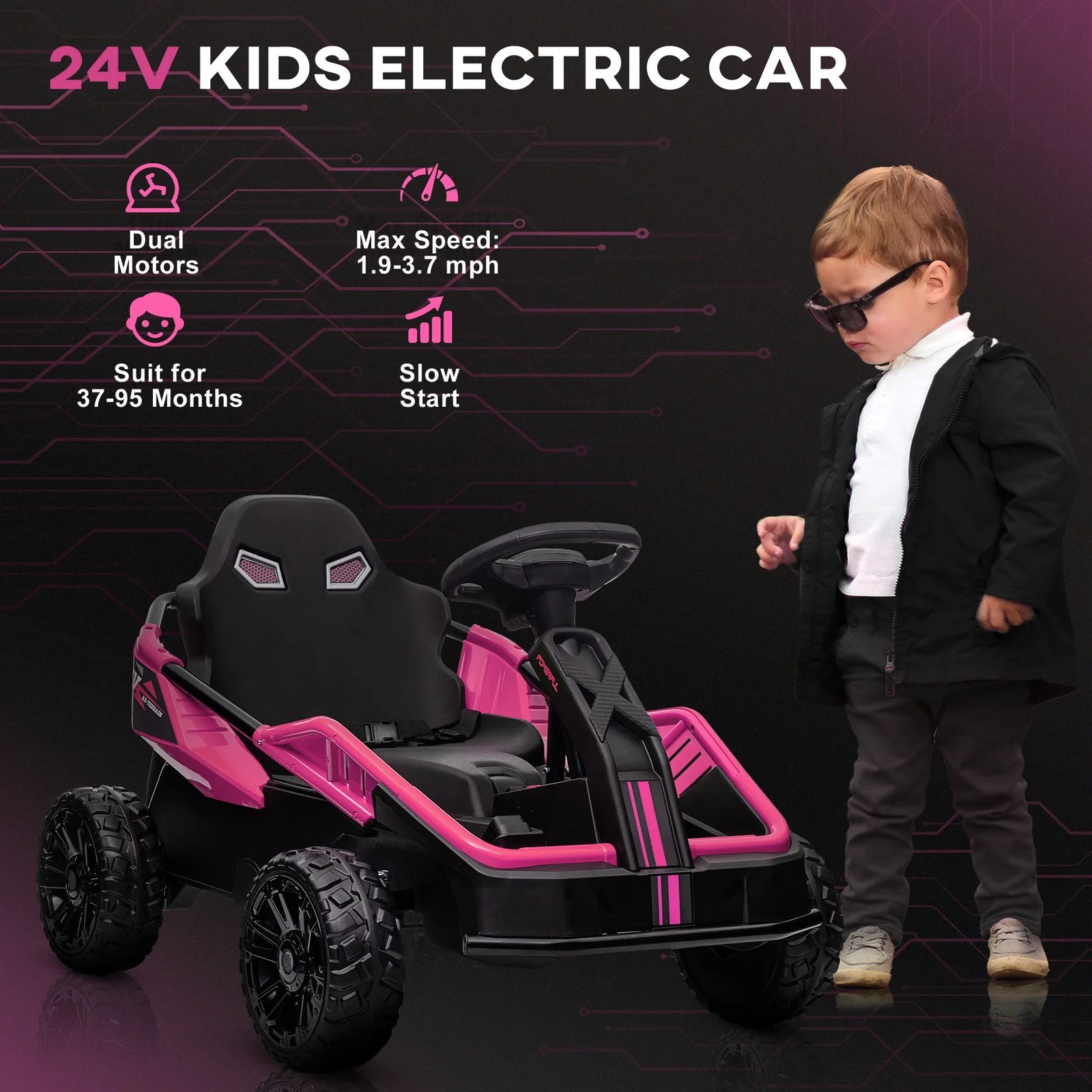 24V Go Kart with Remote Control, Spring Suspension, Pink - Image 5