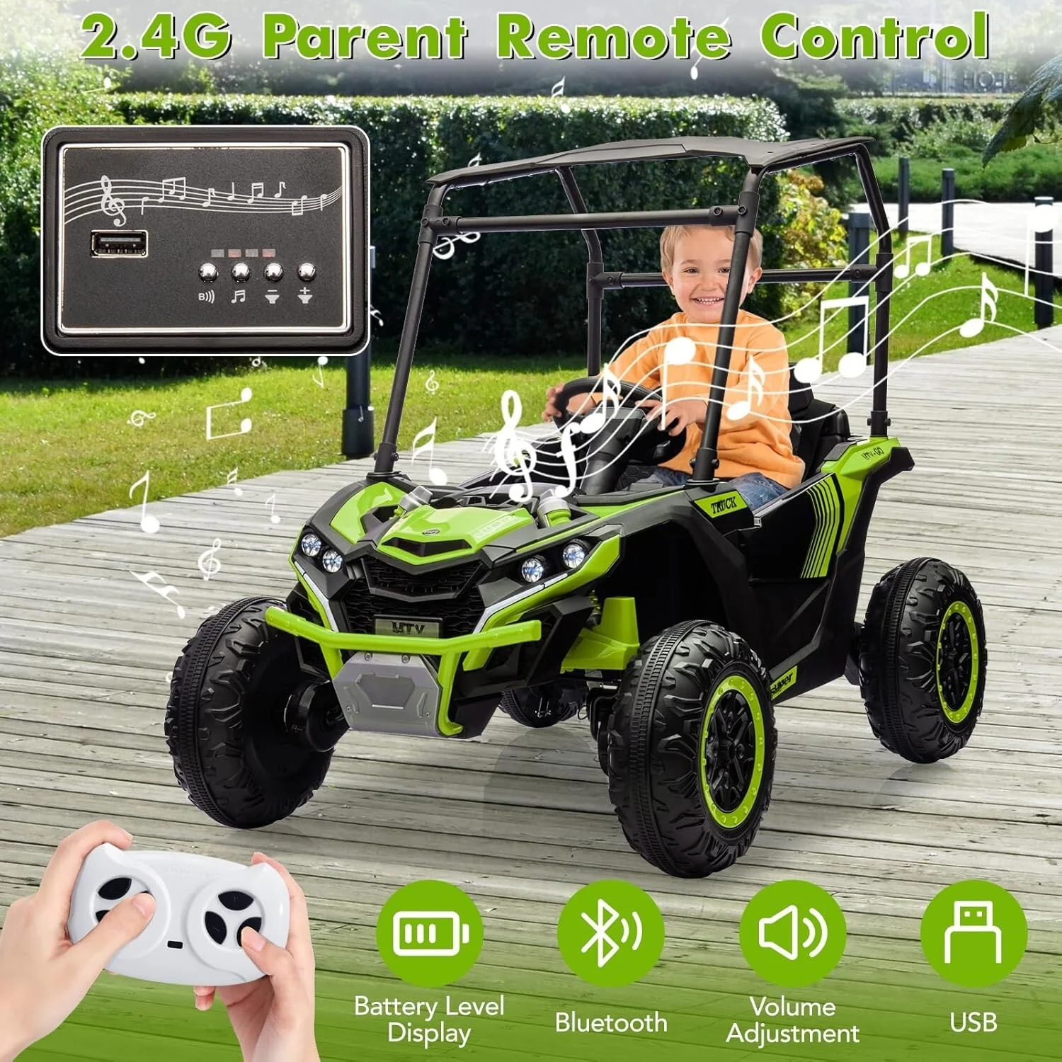 24V 2-Seater Electric Ride-On UTV Truck with 800W Motor, Sun Shade, and Remote Control - Green - Image 6