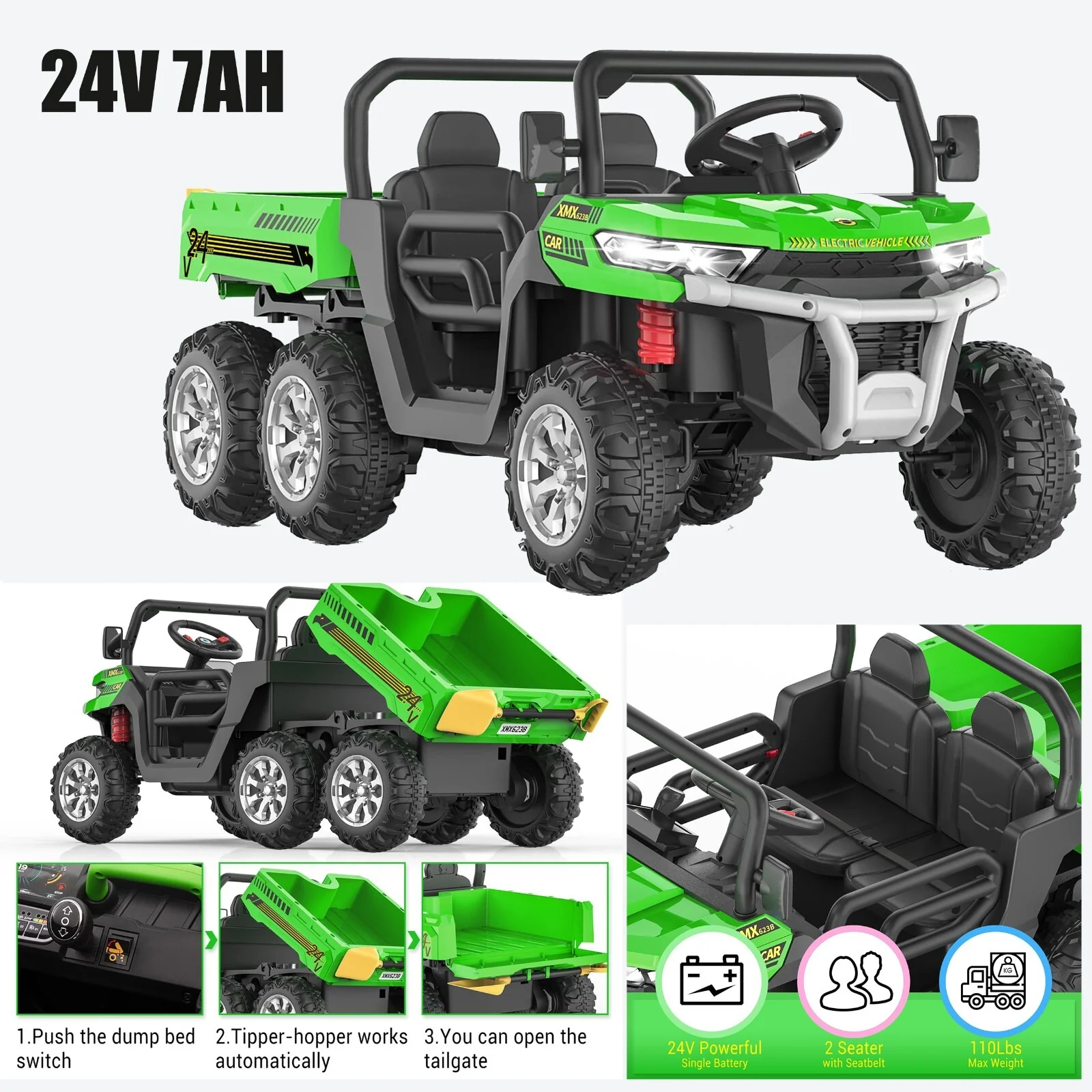 24V Electric 2-Seater Kids Ride-On Dump Truck with 4WD, Remote Control, and MP3 Player - Image 10