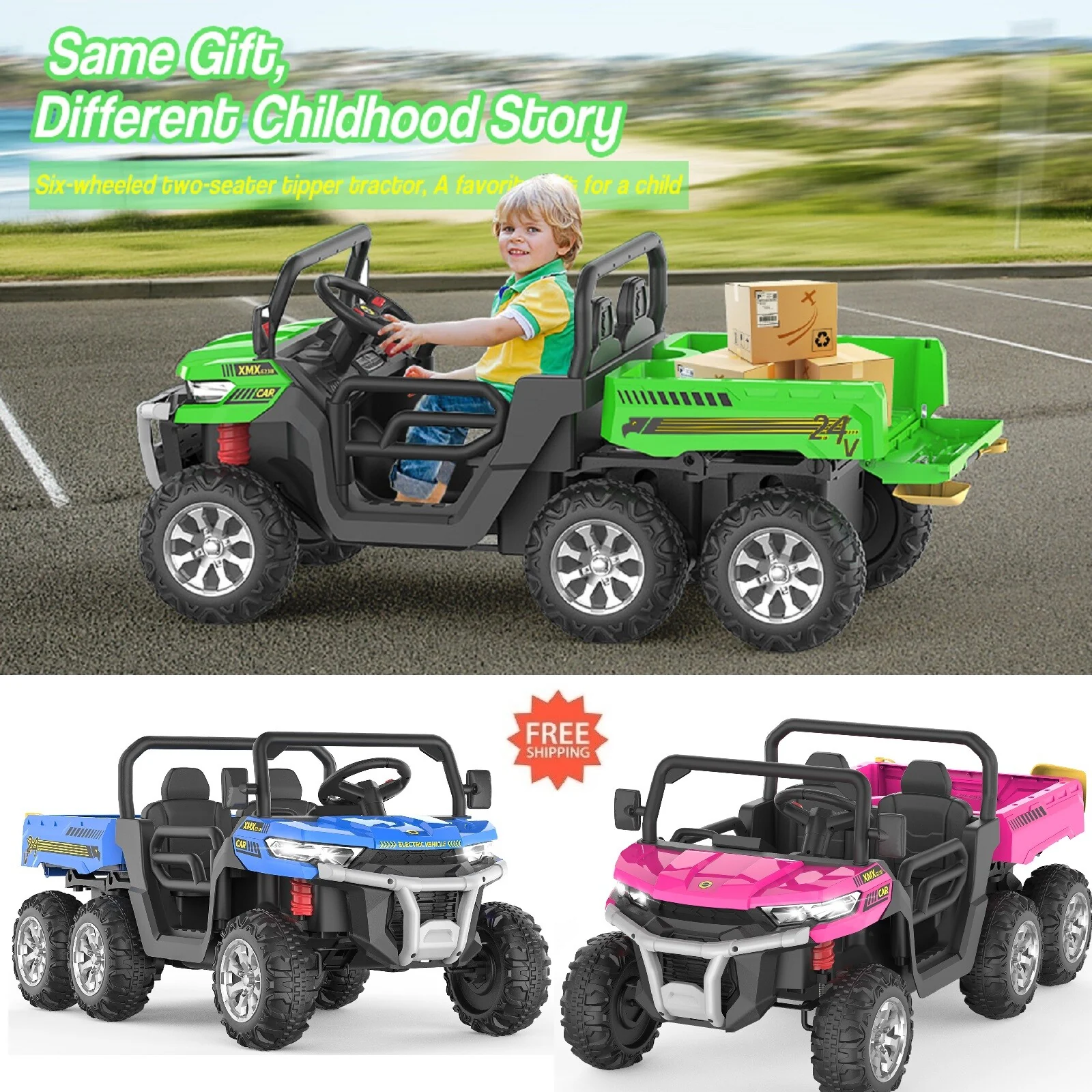 24V Electric 2-Seater Kids Ride-On Truck Tractor with Trailer Dump Bed and 3-Speed RC Control - Image 2