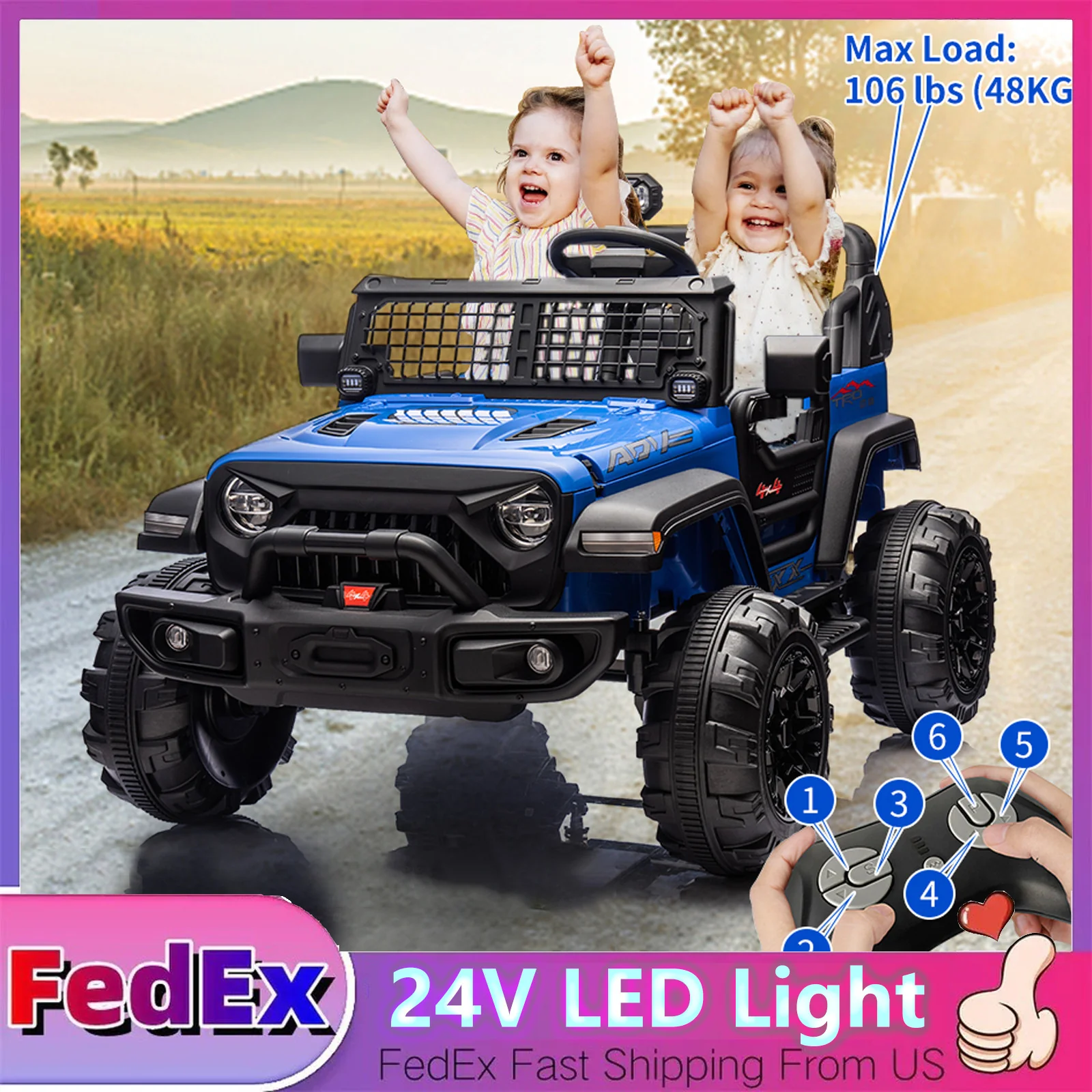 24V Kids Ride-On Truck with 9AH Battery, LED Lights, Power Wheels, and Remote Control - Image 2