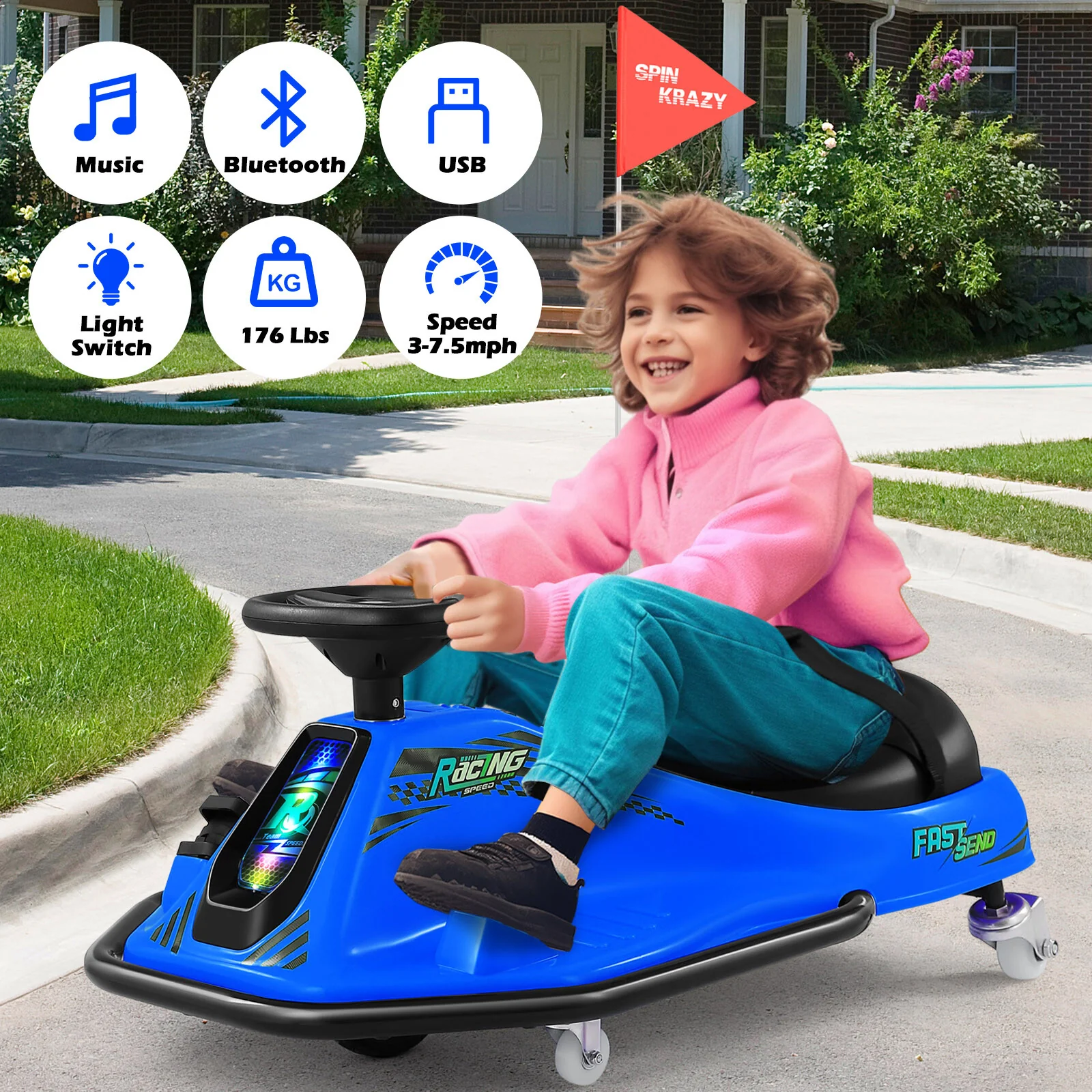 24V Kids Electric Drifting Go-Kart with 360-Degree Spin and Bluetooth Control Blue - Image 10