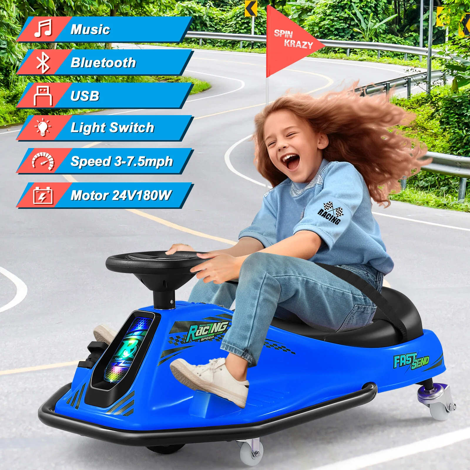 24V Kids Electric Drifting Go-Kart with 360-Degree Spin and Bluetooth Control Blue - Image 25