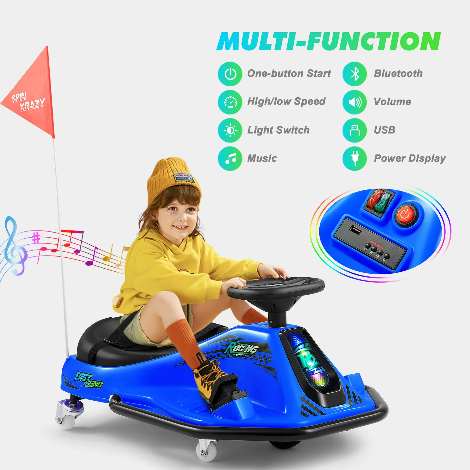 24V Kids Electric Drifting Go-Kart with 360-Degree Spin and Bluetooth Control Blue - Image 3