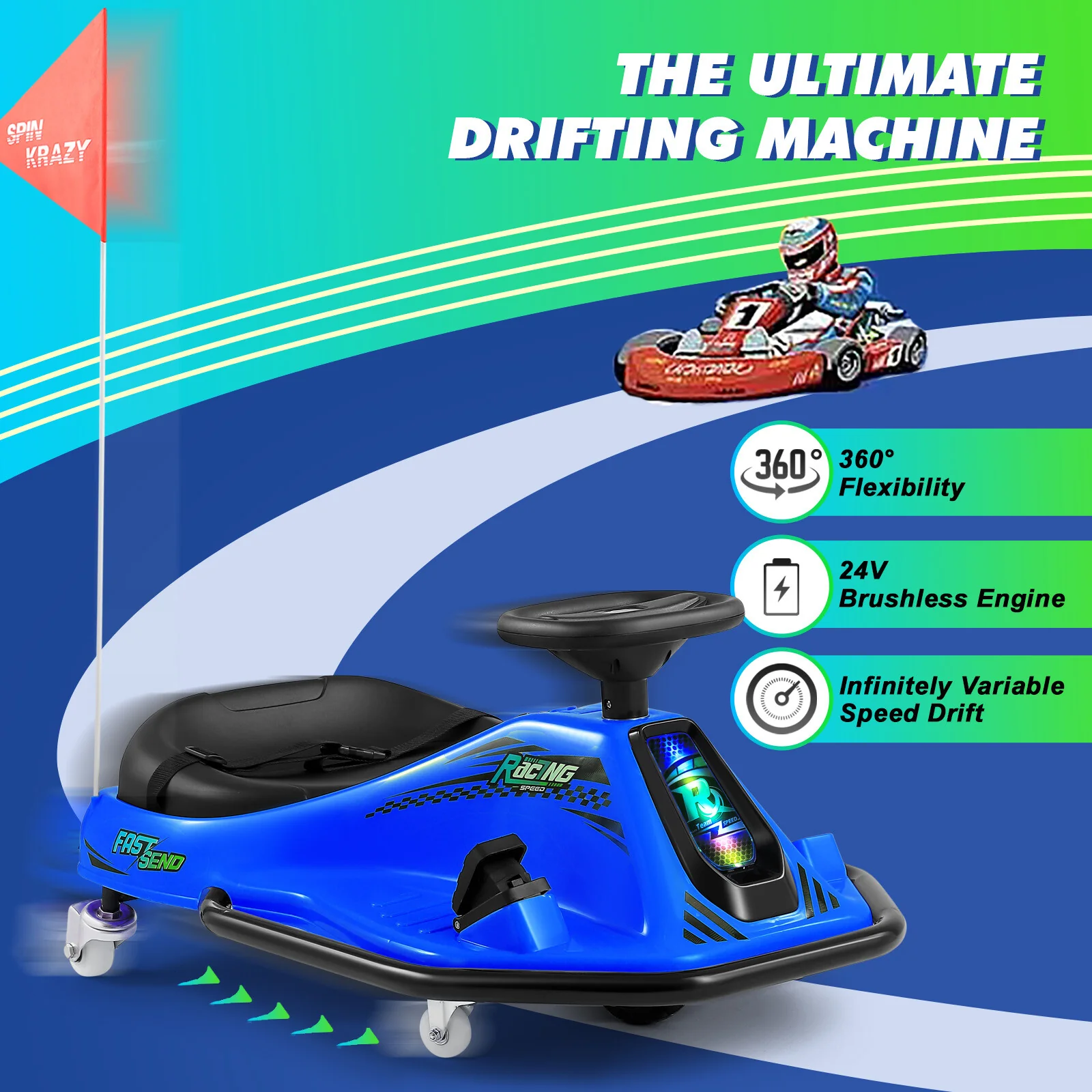 24V Kids Electric Drifting Go-Kart with 360-Degree Spin and Bluetooth Control Blue - Image 4