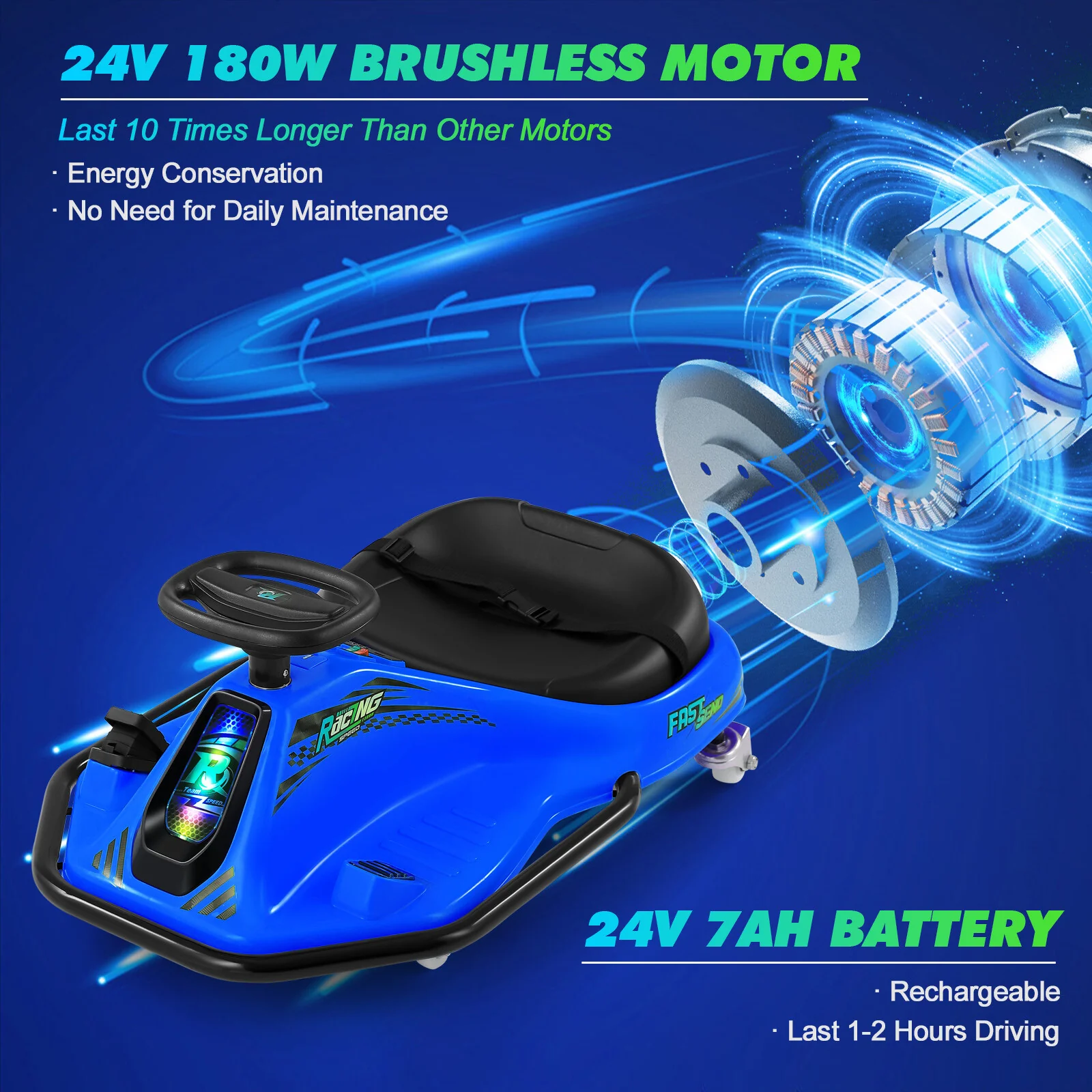24V Kids Electric Drifting Go-Kart with 360-Degree Spin and Bluetooth Control Blue - Image 5