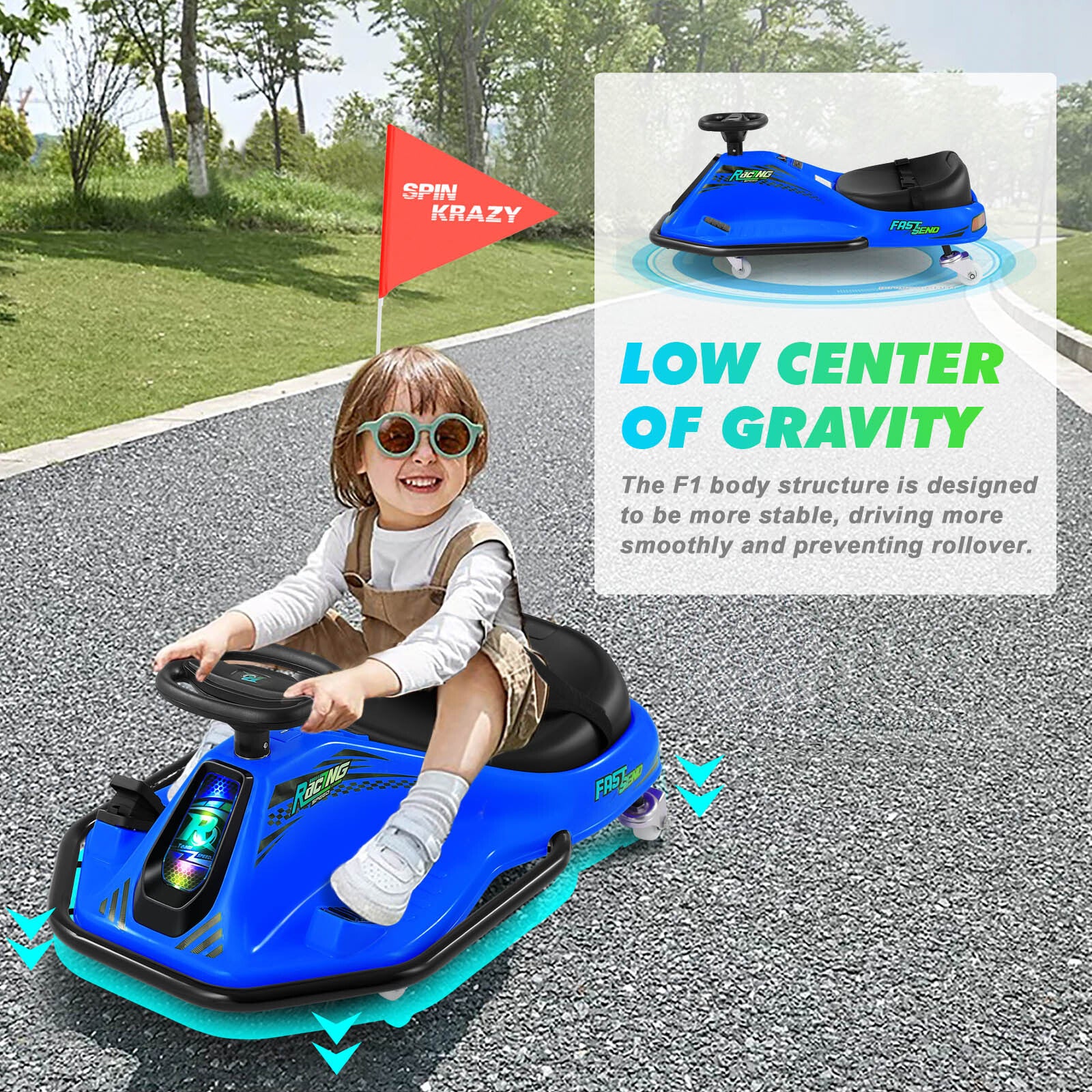 24V Kids Electric Drifting Go-Kart with 360-Degree Spin and Bluetooth Control Blue - Image 6