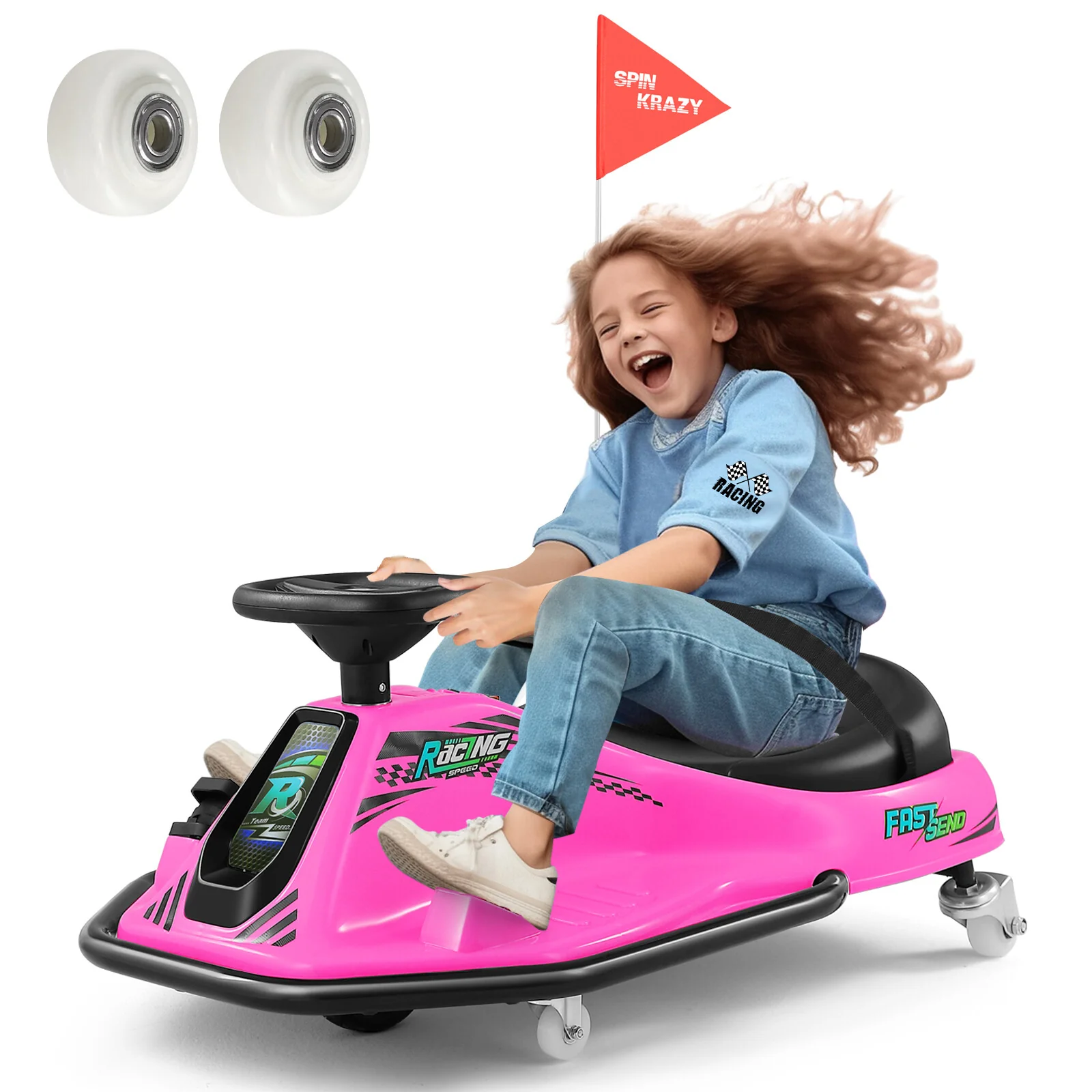 24V Kids Electric Drift Go-Kart with 360-Degree Spin and Bluetooth - Pink - Image 3
