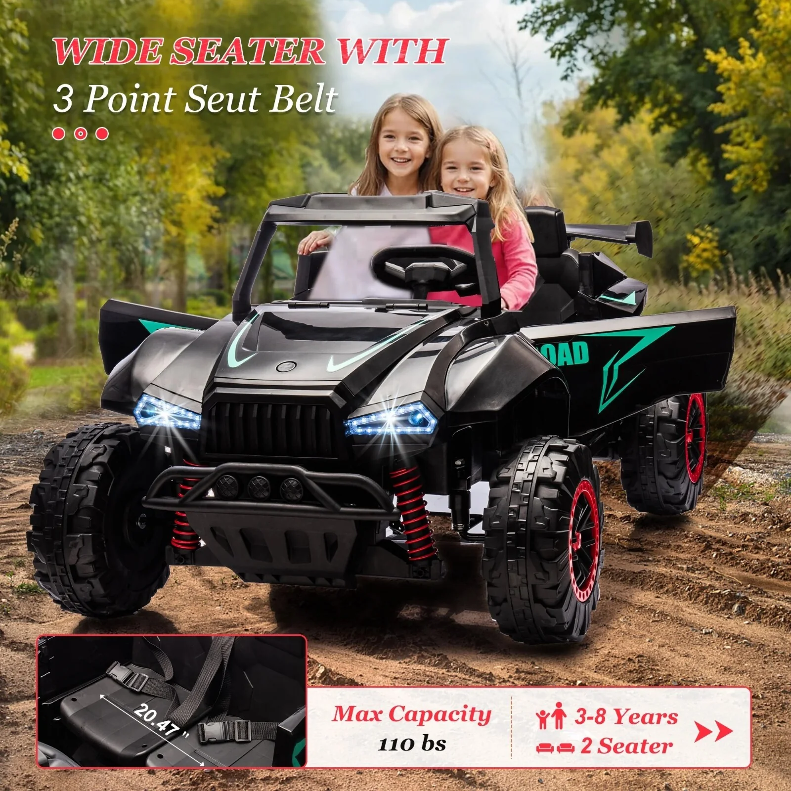 24V Electric Kids Off-Road UTV Ride-On Car 2-Seater with Remote Control Black - Image 8