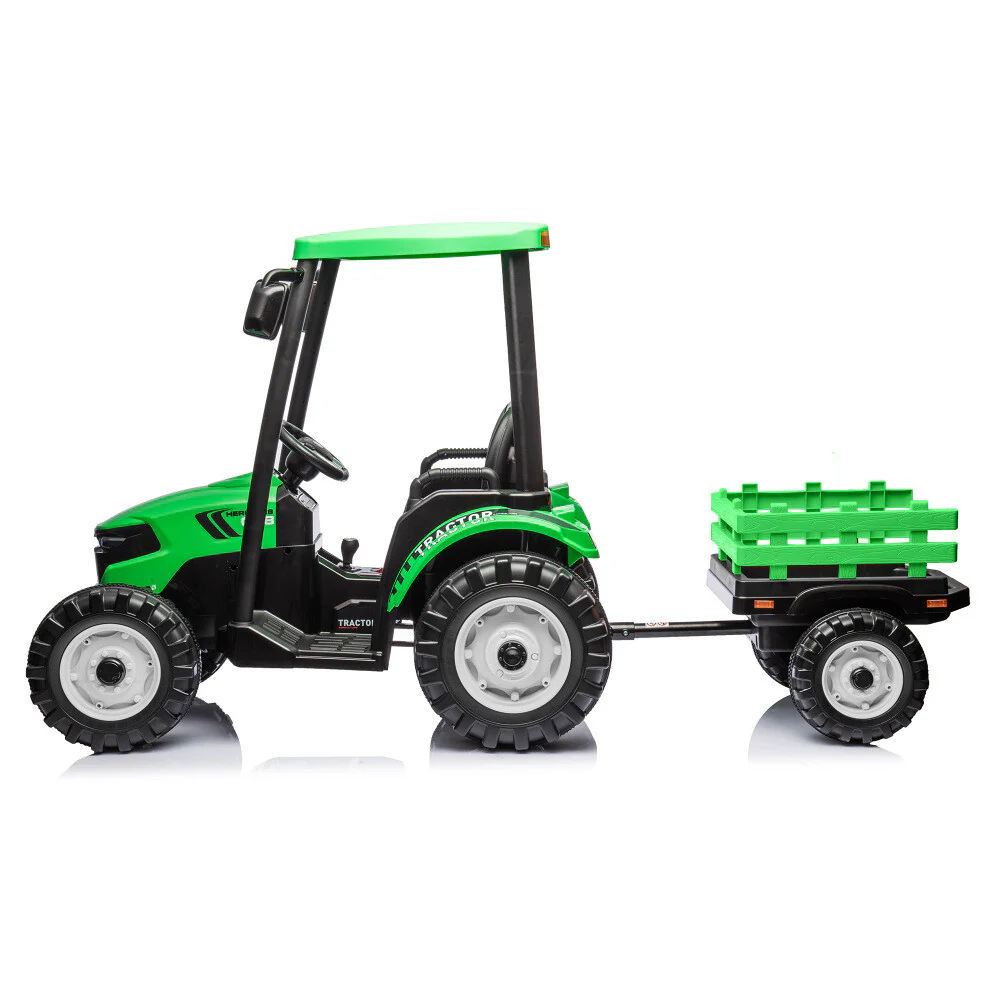24V Kids Pedal Ride-On Tractor with Loader, Backhoe, and Trailer in Green - Image 3