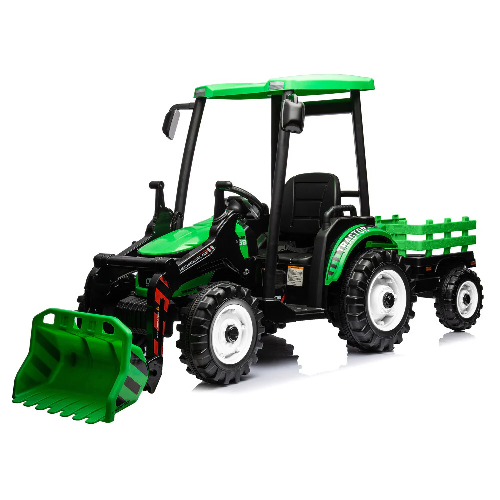 24V Kids Pedal Ride-On Tractor with Loader, Backhoe, and Trailer – Green