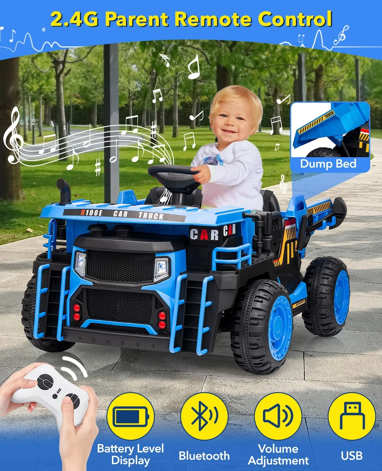 24V Electric Kids Ride-On Dump Truck Toy with Remote Control, Shovel, and Dump Bed - Blue - Image 3