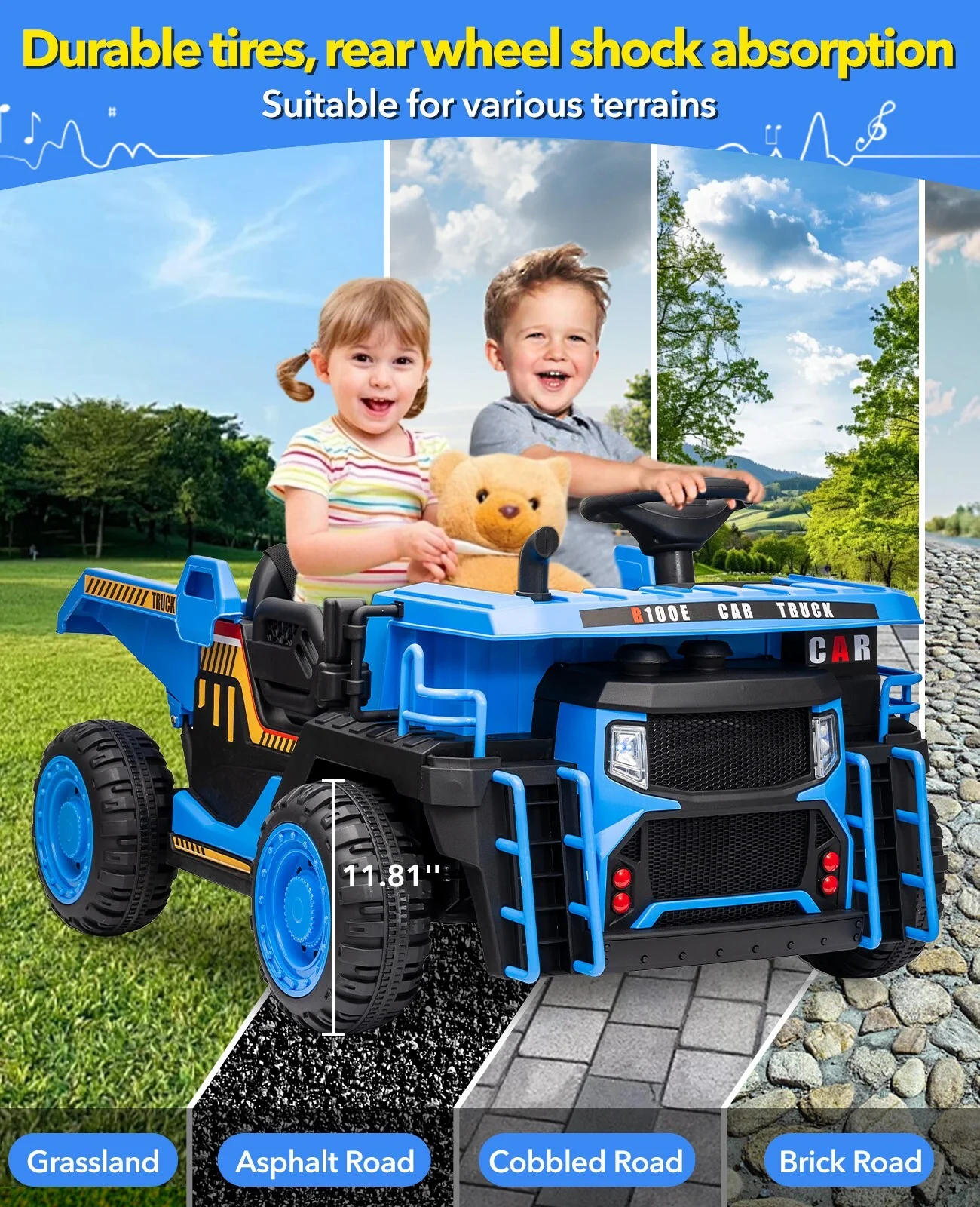 24V Electric Kids Ride-On Dump Truck Toy with Remote Control, Shovel, and Dump Bed - Blue - Image 6