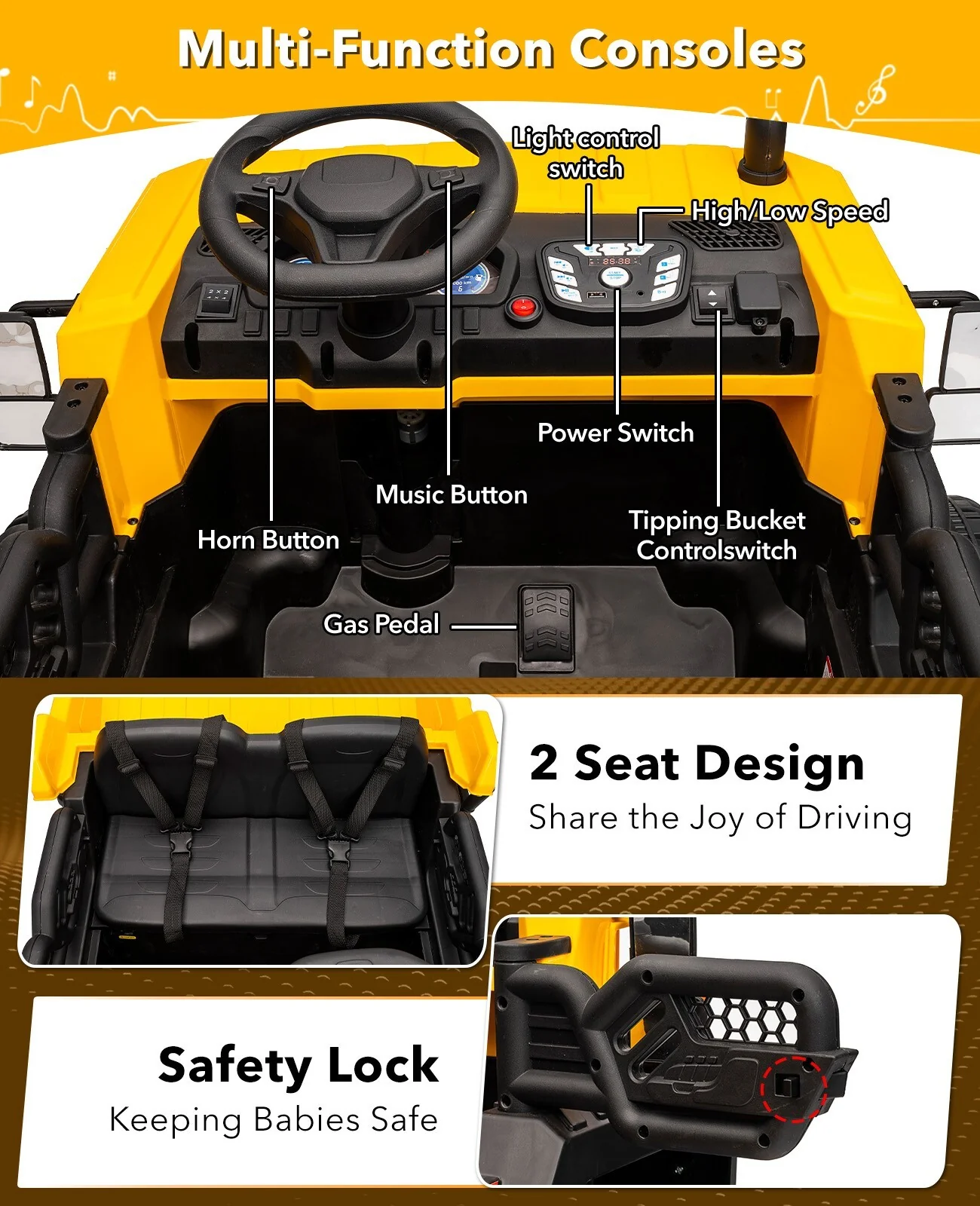 24V Electric Kids Ride-On Dump Truck Toy with Remote Control, Shovel, and Dump Bed - Yellow - Image 4