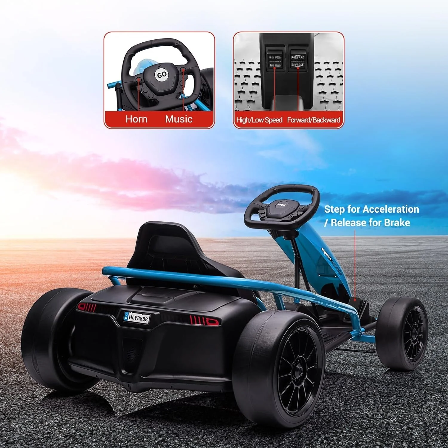 24V Kids Ride-On Go Kart with 8MPH Speed, Drifting Car, 2x300W Motors, Blue, Supports 155lbs - Image 3