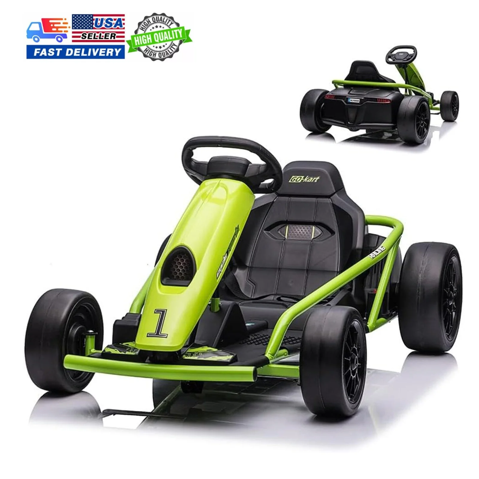 24V Kids Ride-On Go Kart with 8MPH Speed, Drifting Car, 2x300W Motors, Green, Supports 155lbs - Image 7
