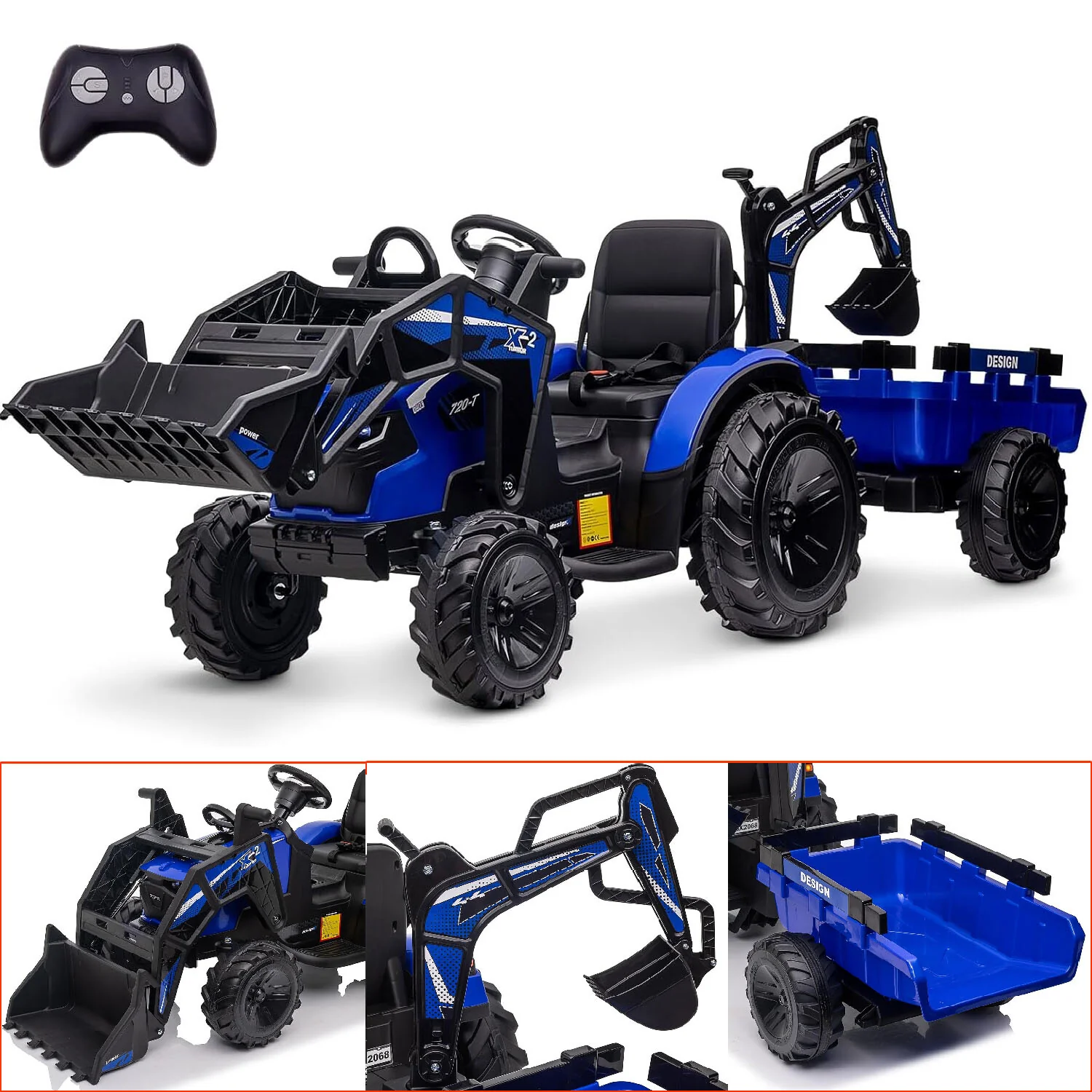 24V Kids Electric Ride-On Tractor with Detachable Trailer, Excavator and Bulldozer Attachments - Image 3