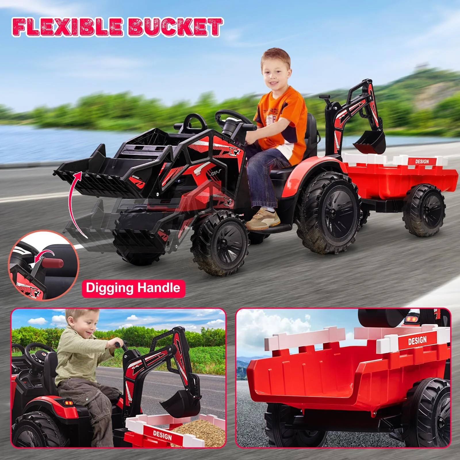 24V Kids Electric Ride-On Tractor with Trailer, Excavator, and Bulldozer Features - Image 2