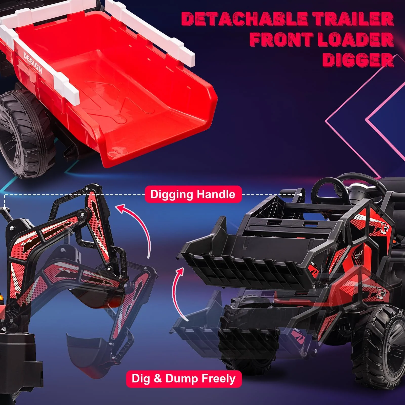 24V Kids Electric Ride-On Tractor with Trailer, Excavator, and Bulldozer Features - Image 5