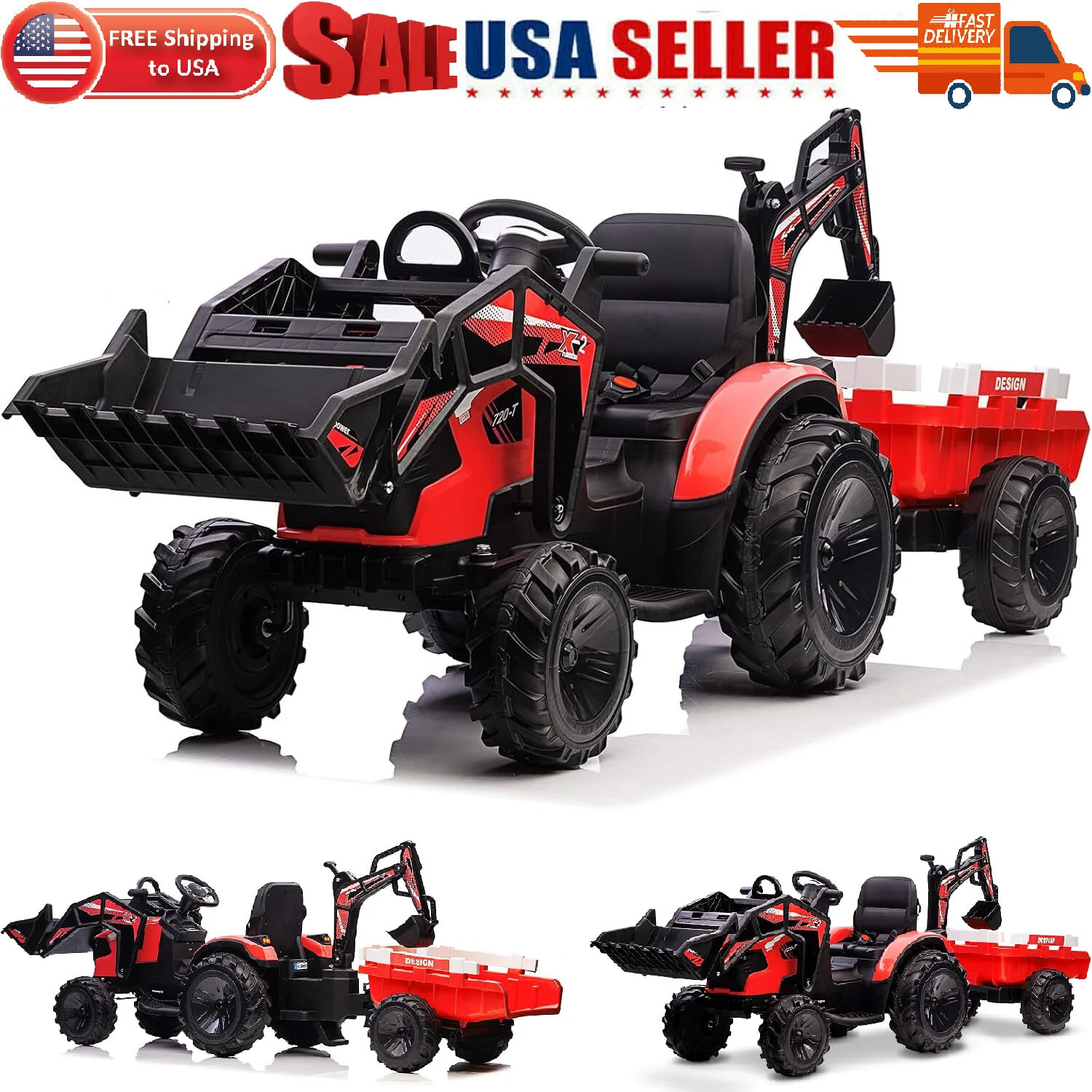 24V Kids Electric Ride-On Tractor with Trailer, Excavator, and Bulldozer Features - Image 7