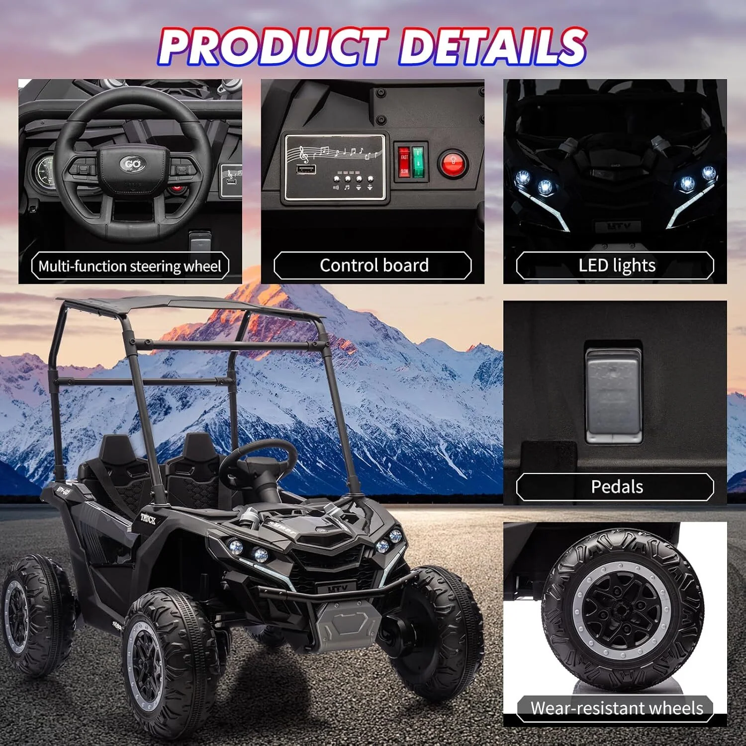 24V Kids 2-Seater 4WD Electric Ride-On UTV Truck with Sun Shade and Remote Control - Image 4